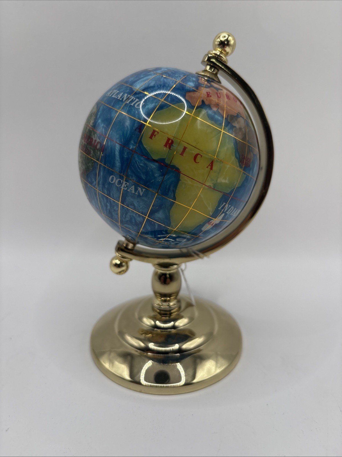 Semi Precious Inlaid Gemstone World Globe Lapis Sea Lapis Base 6" tall Vintage