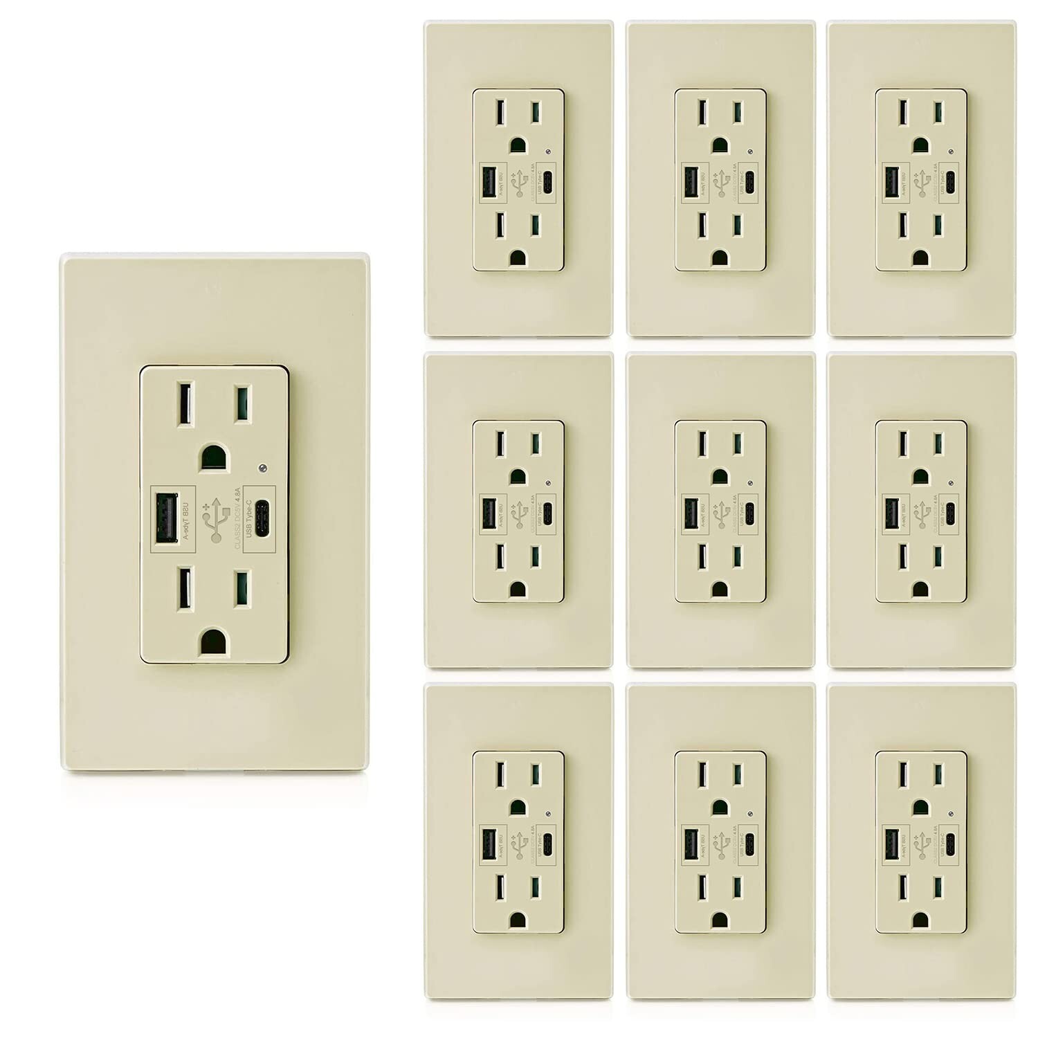 4.8A USB C Outlet PD 24W 15 Amp, 125 Volt Tamper-Resistant Outlet，MICMI,10 Pack