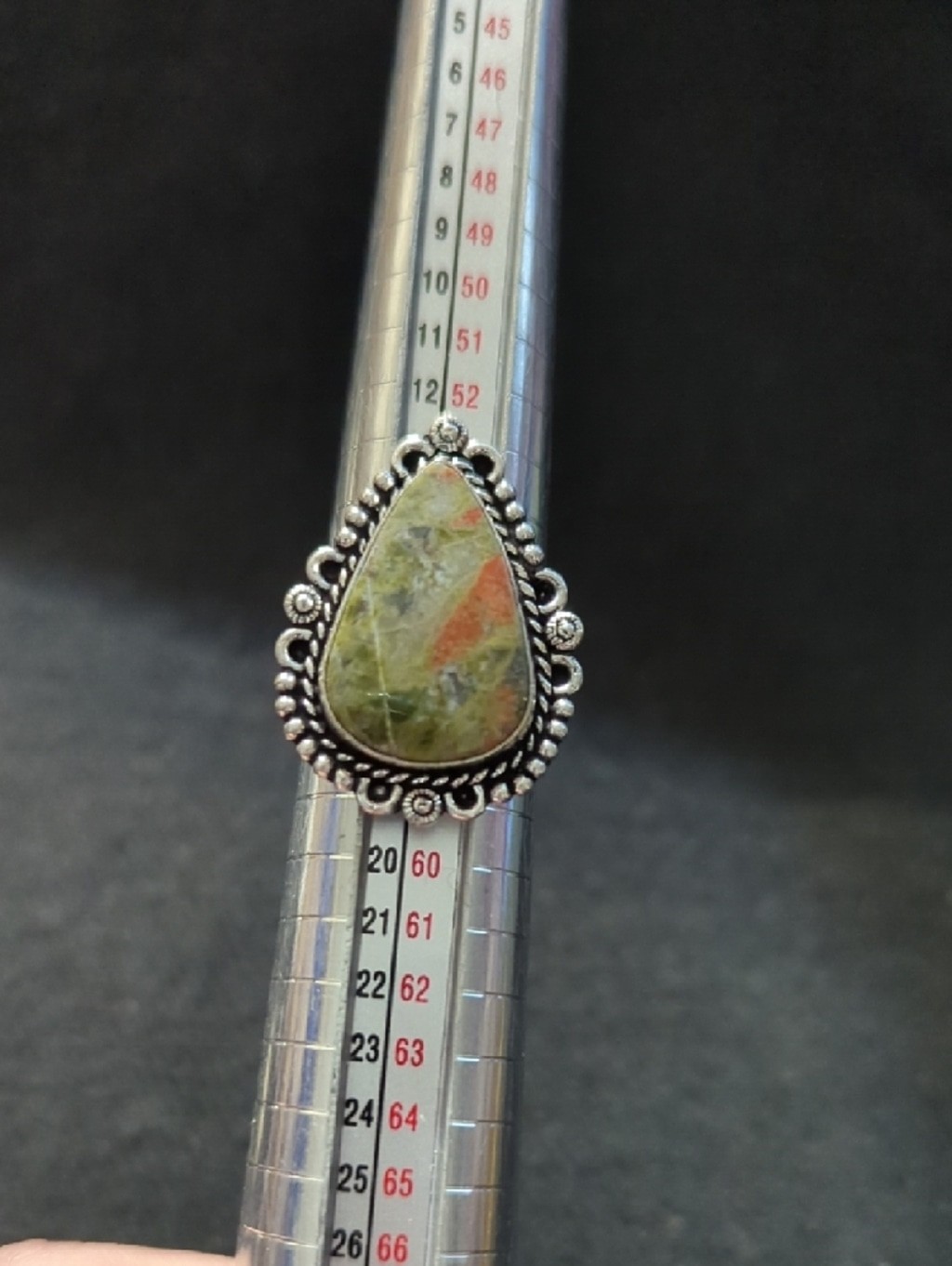 Silver Plated Green Jasper Gemstone Teardrop Statement Ring - Size 8