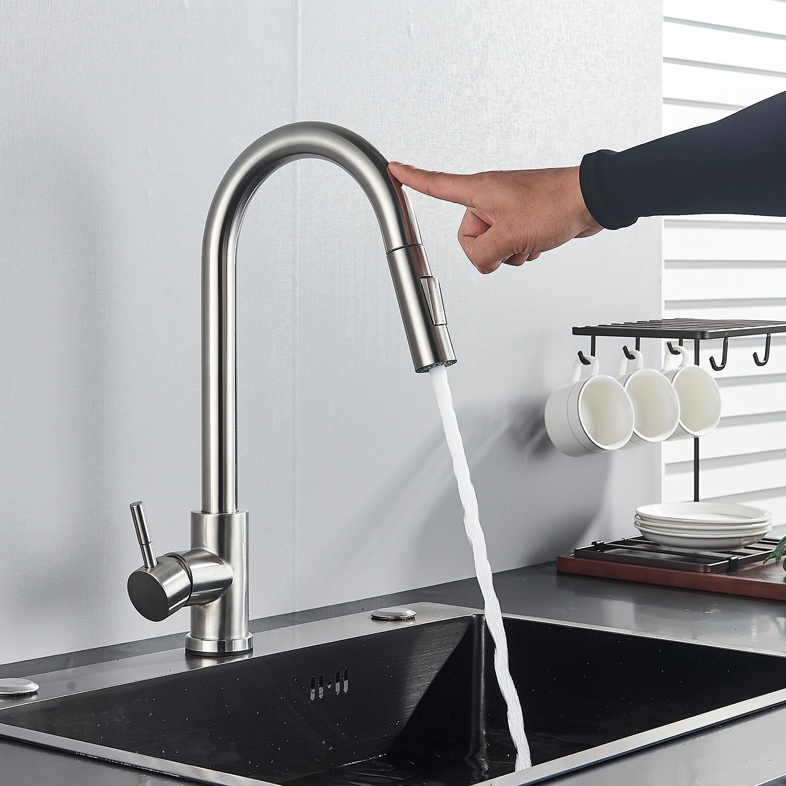 Brushed Nickel Touch Sensor Kitchen Faucet Sink Pull Down Sprayer Single Handle