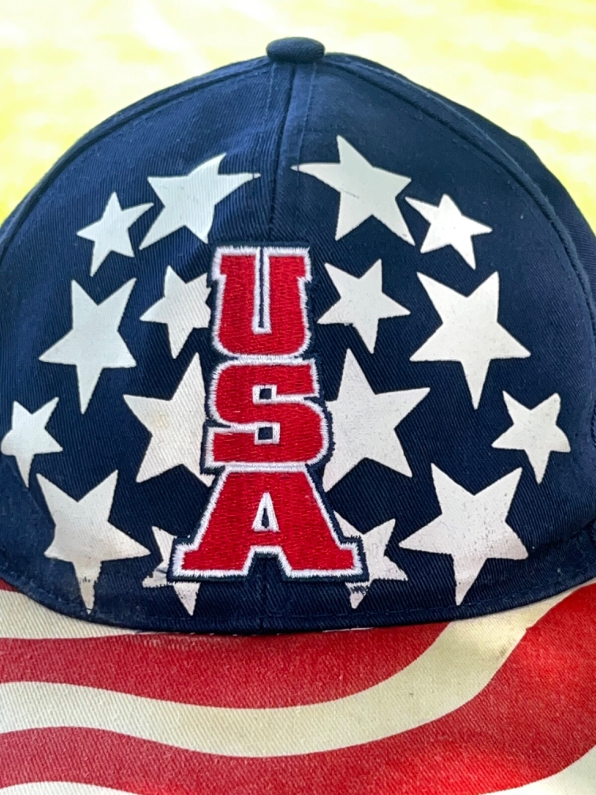 4th of July RWB USA Hat Cap Snapback Wavy Flag Stripes on Bill EUC
