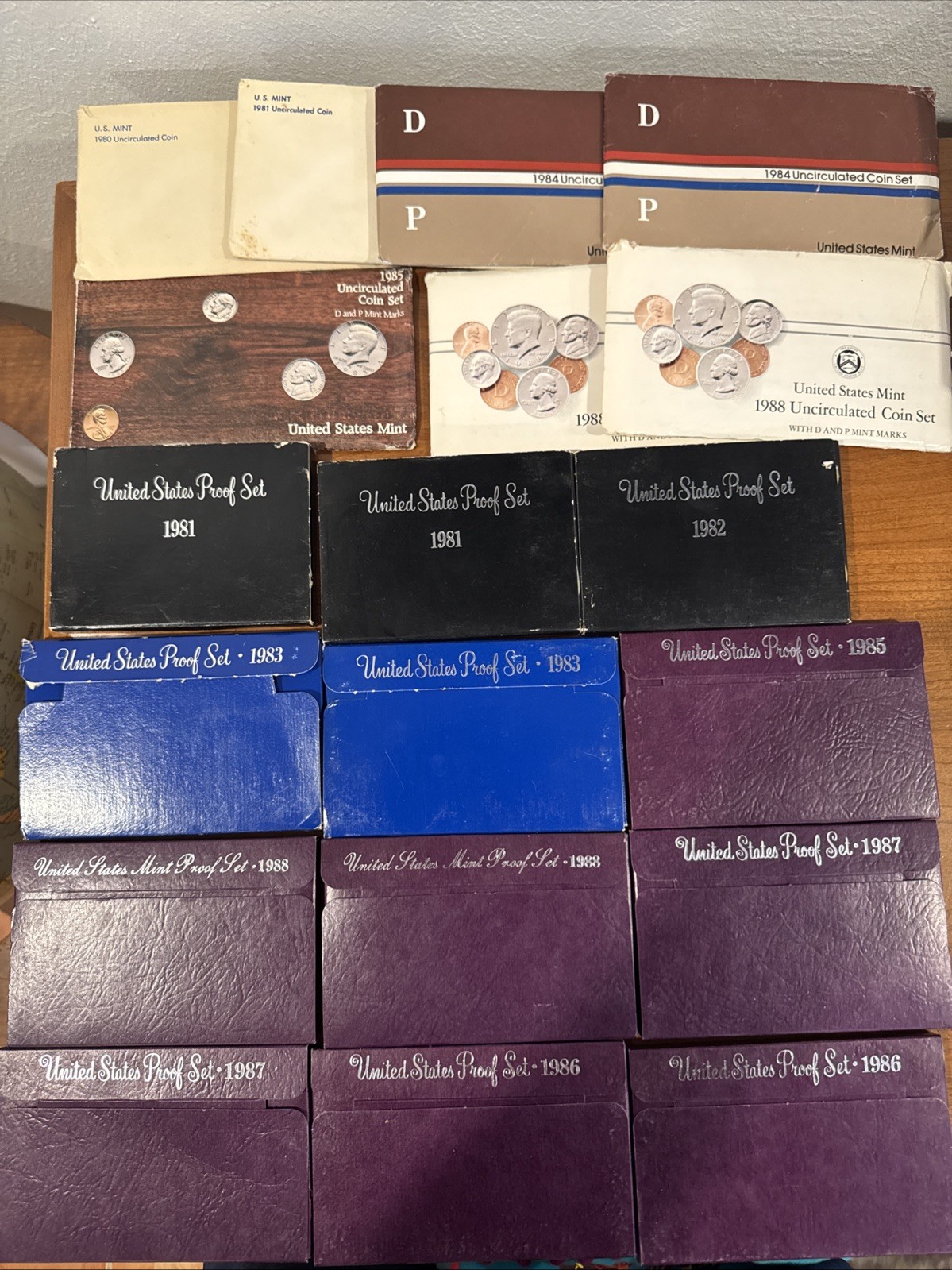 Vintage 1980-1986 US Coin Proof Set Lot With Boxes (set of 19) And Uncirculated