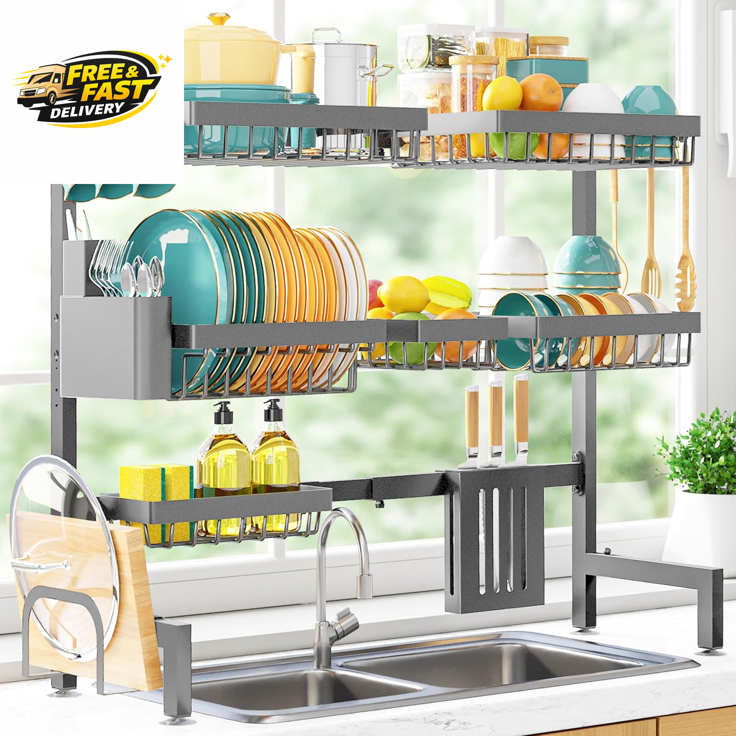 Over the Sink Dish Drying Rack - Adjustable 3 Tier Xx-Large Capacity Stainless S