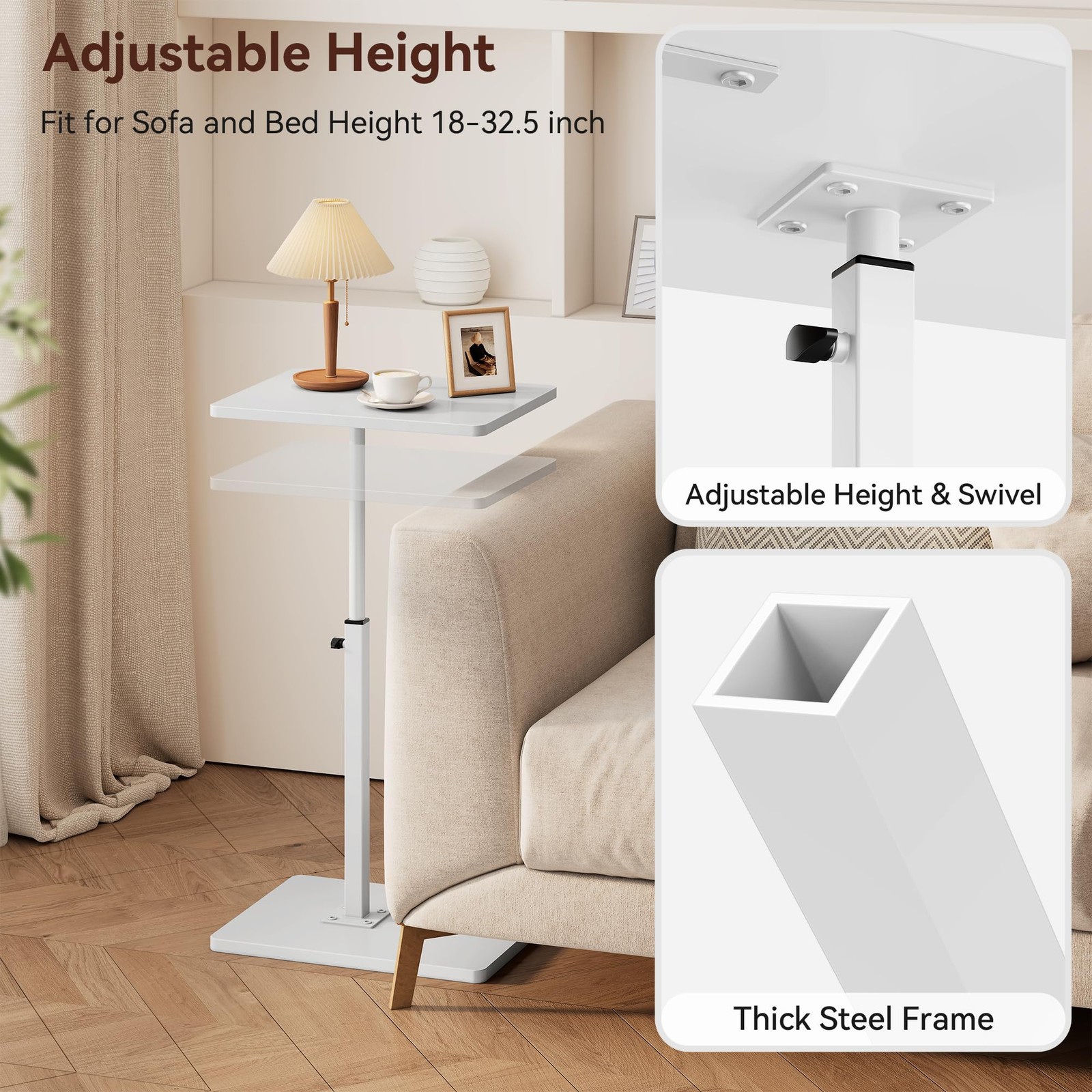 C Shaped End Table with Charging Station, Adjustable Height C Table End Table...