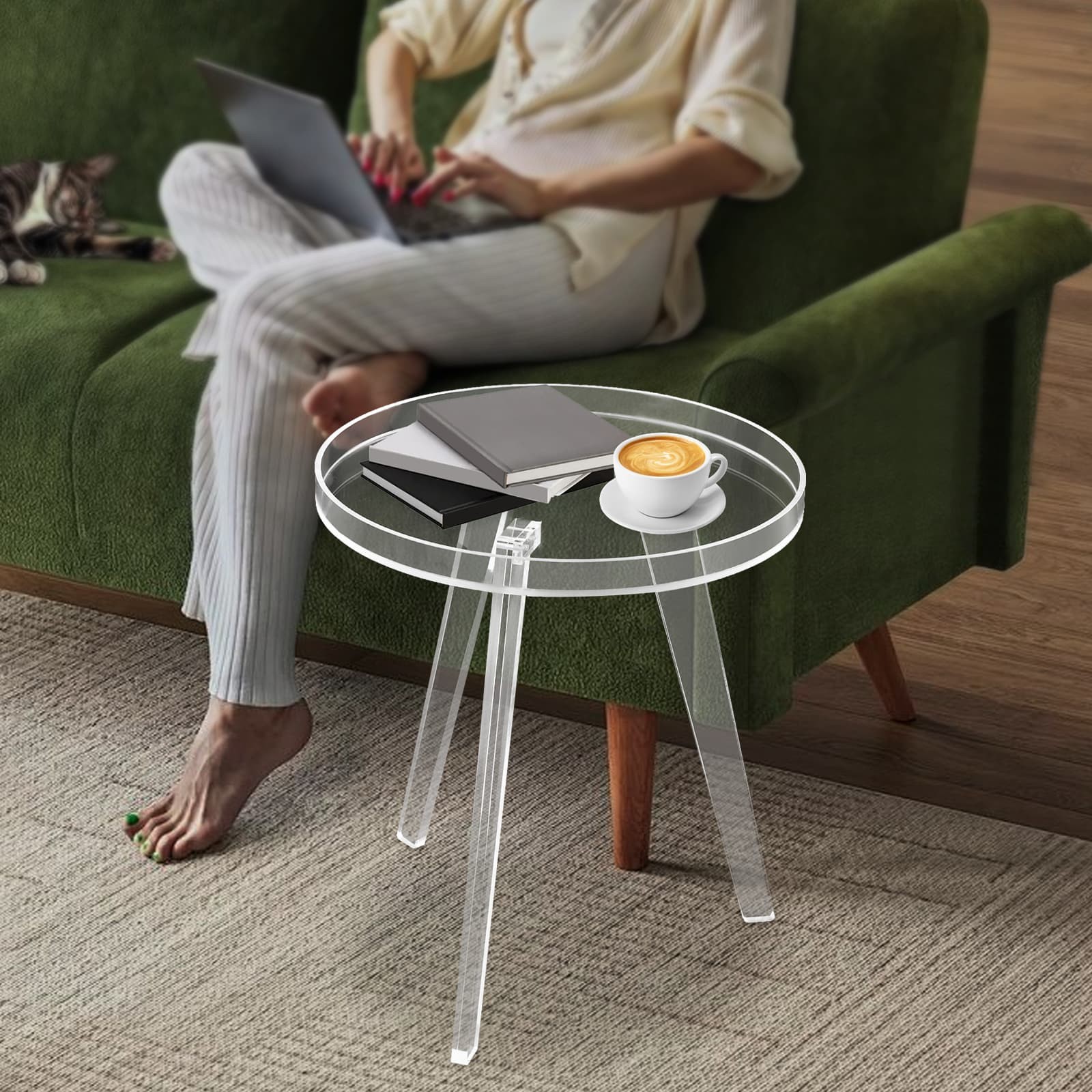 Clear Acrylic Side Table Round Ende Table Drink Table for Small Space 15.7"x18”