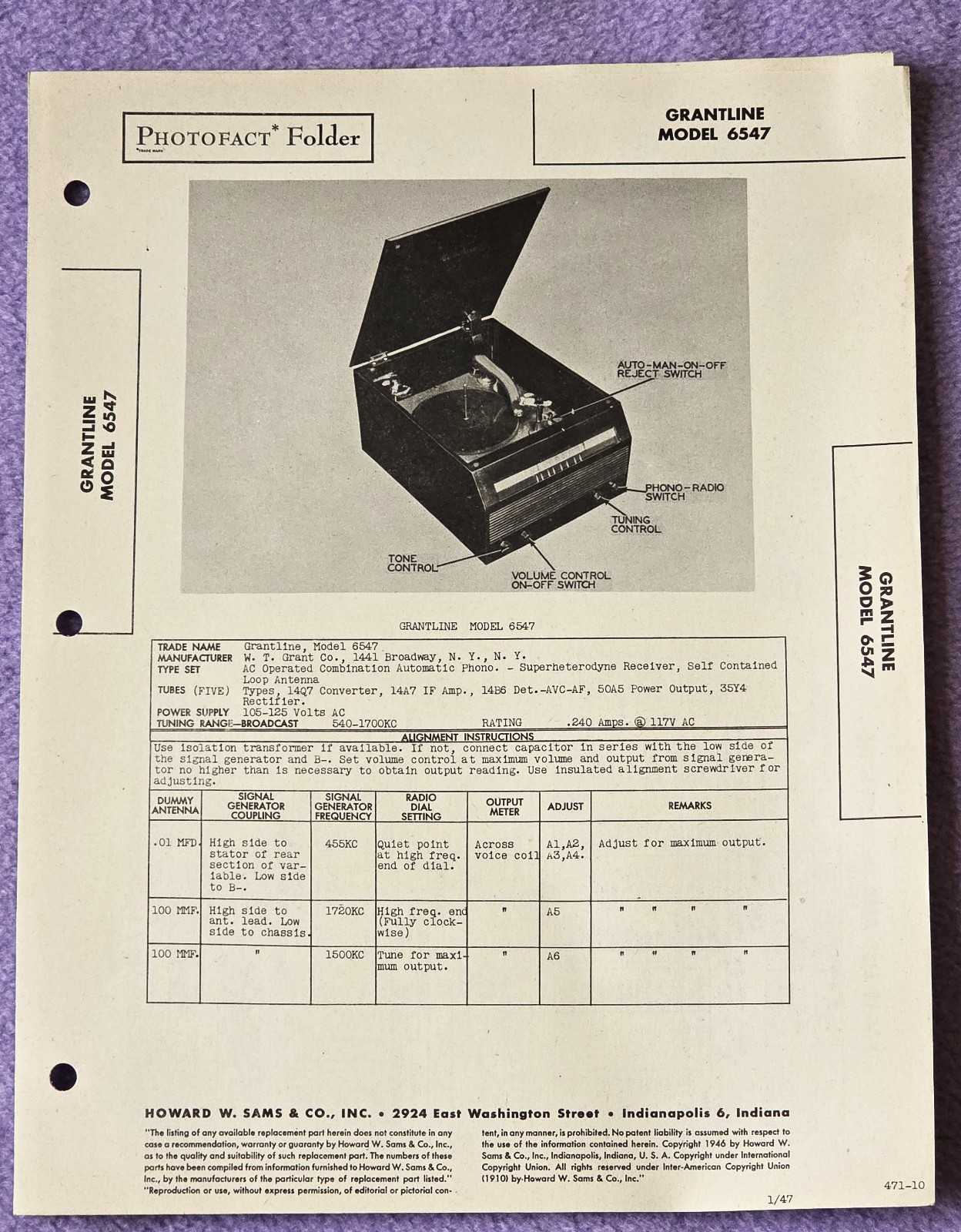Grantline Model 6547 VTG Howard Sams 1947 Radio Photofact Folder 471-10