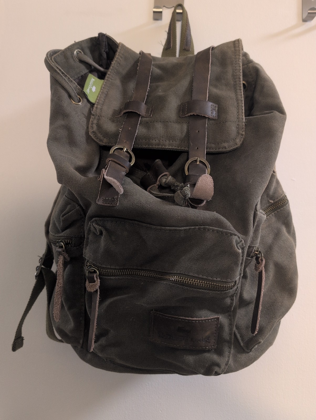 Natures Lodge Backpack, Olive Green Canvas W/Leather Pulls