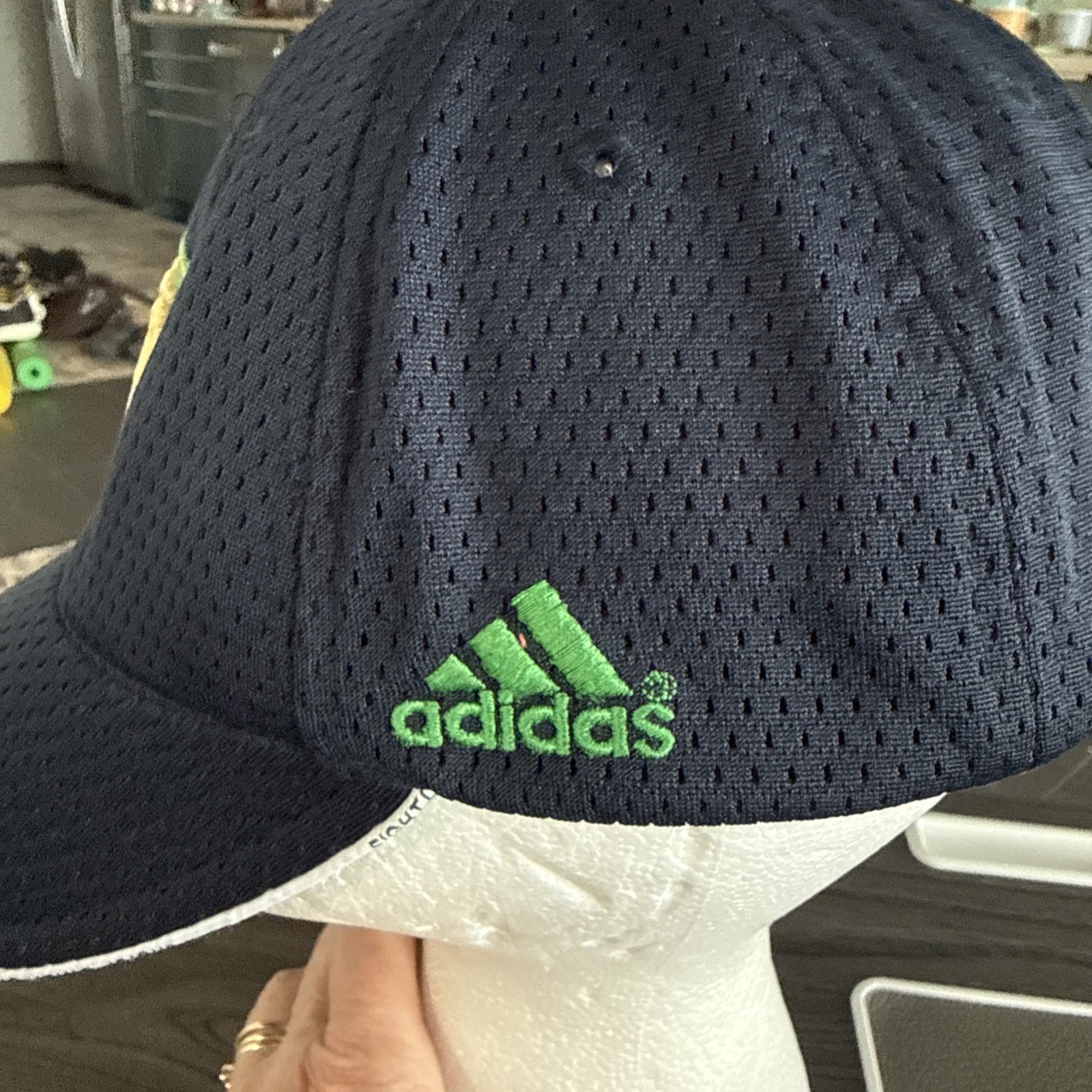 Notre Dame ND Gold Letters on Green Shield on Navy Adidas Hat Cap Hook Loop