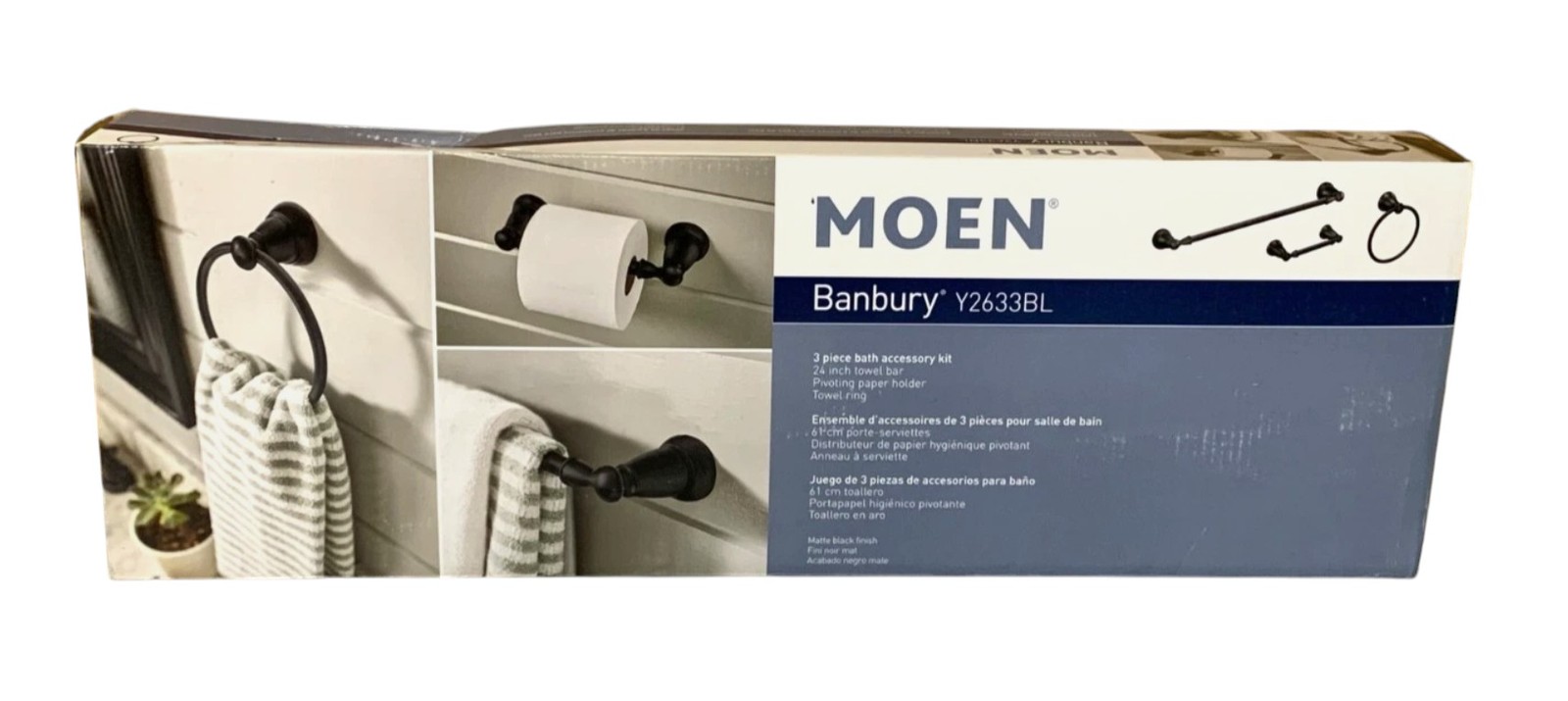 MOEN Banbury Bath Hardware Set w/ Towel Bar, Ring, Paper Holder in Matte Black