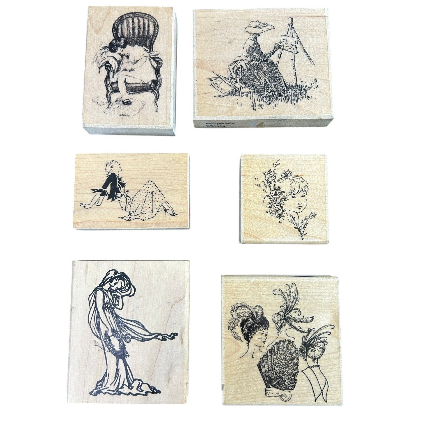 VTG Lot of 6 Wood Mounted Rubber Stamps- Ladies Girls art nouveau Preowned