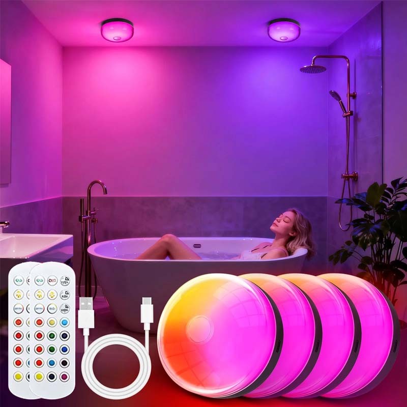 4 Pack Waterproof Shower Lights for Inside Shower, 15 RGBW Color Rechargeable...