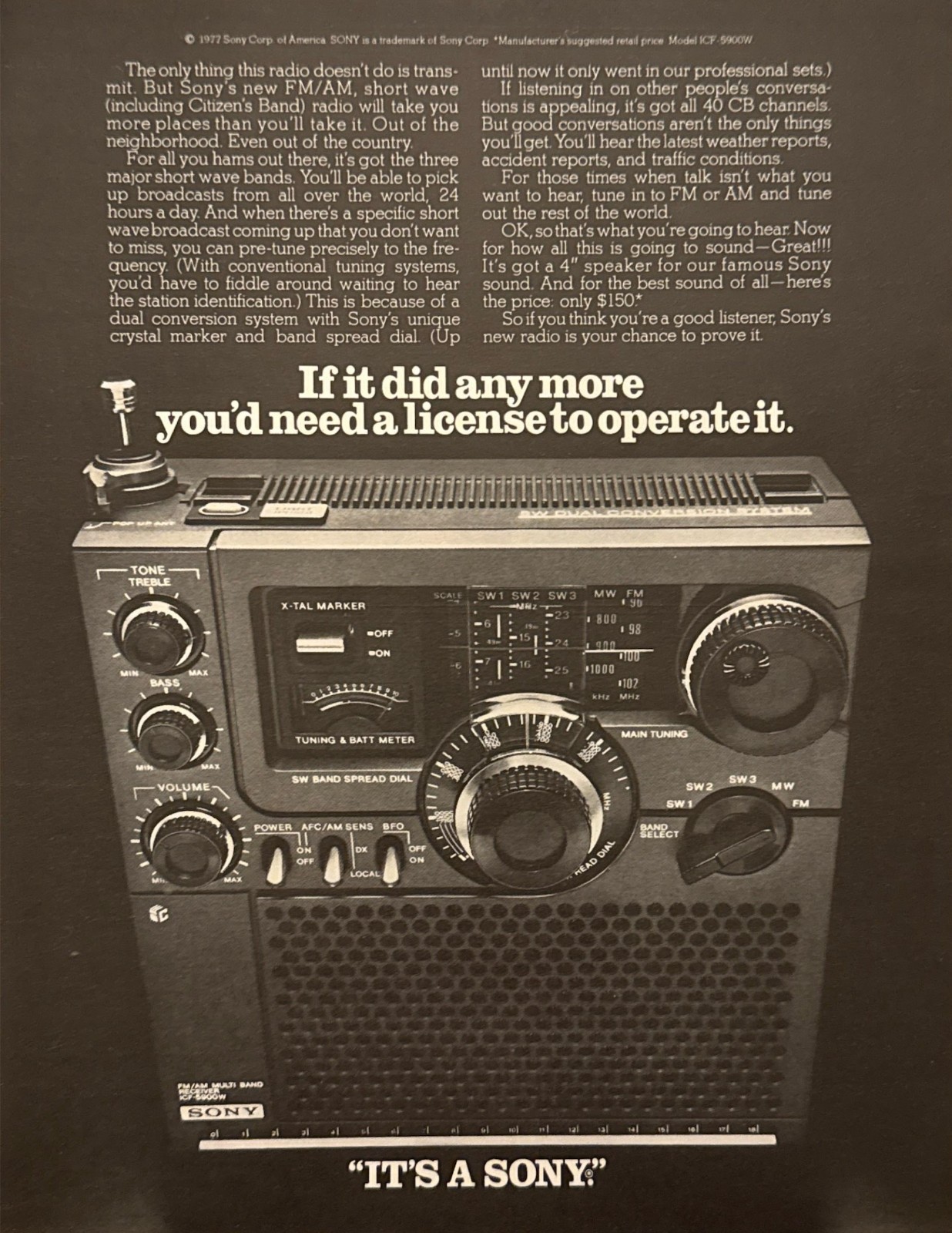 1977 Sony AM/FM Short Wave Radio photo "No License Needed" vintage print ad