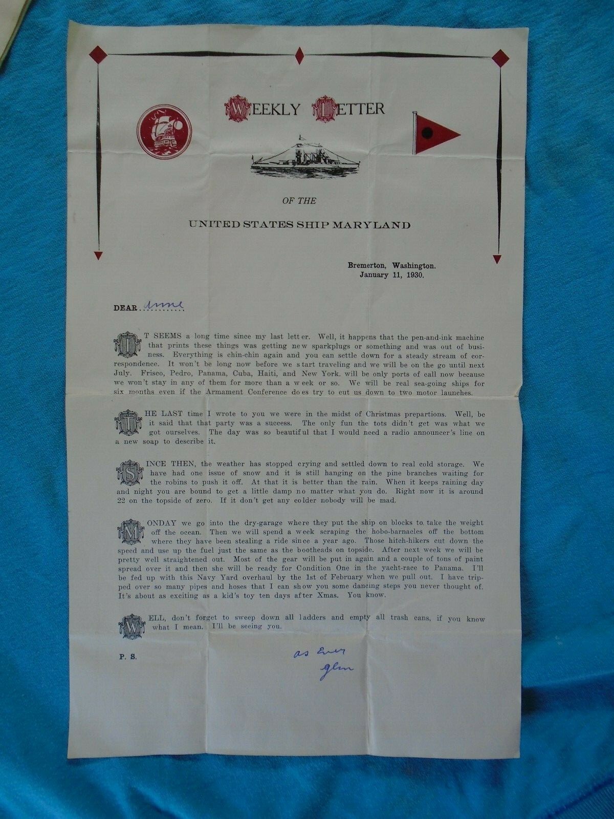 United States Ship Maryland, Weekly letter, Bremerton,  WA, January 11, 1930