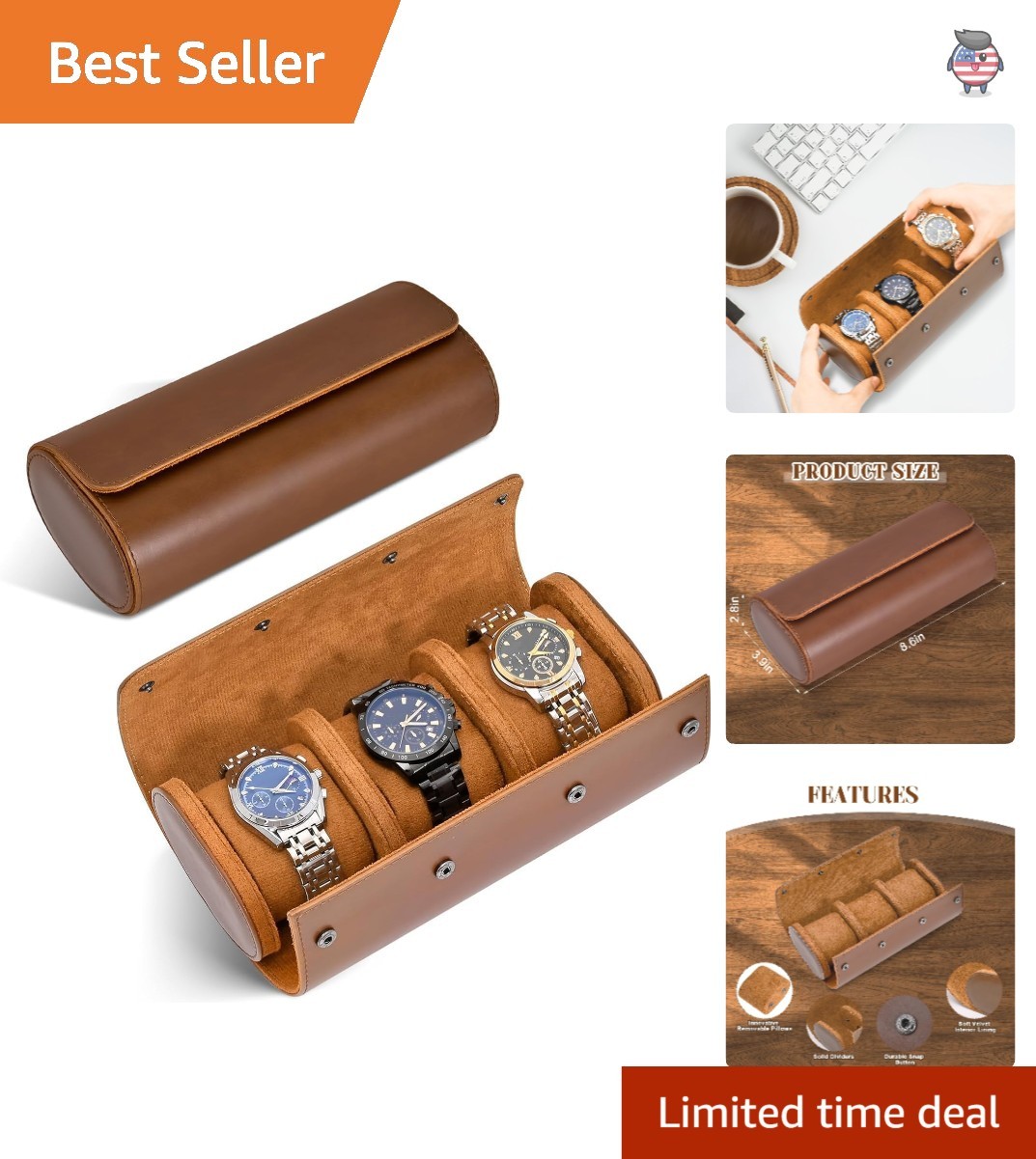 Compact 3-Watch Roll Case with Secure Button Closure - Ideal for Home and Travel