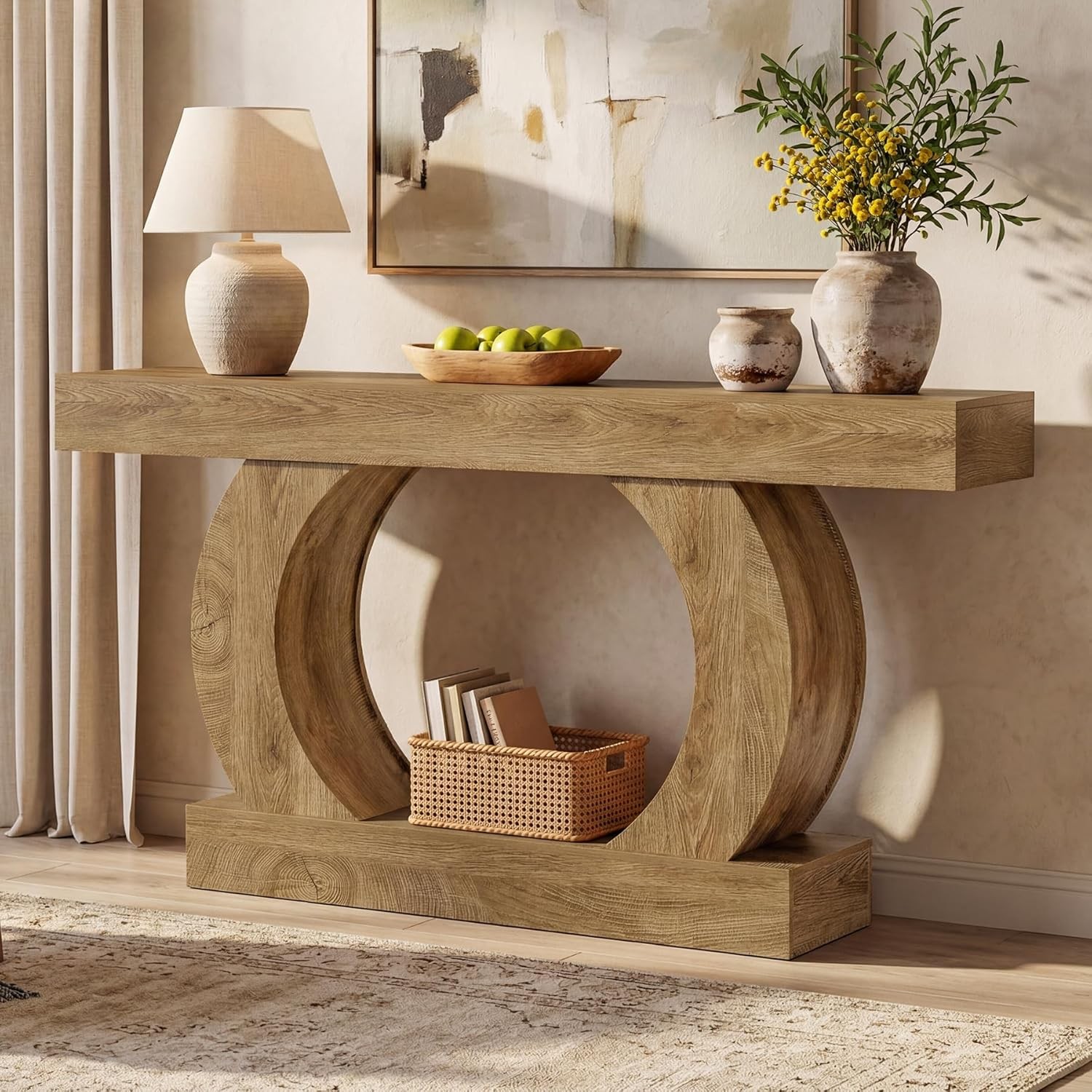 59-Inch Farmhouse Console Table, Curved Entryway Table with Unique Circular Base