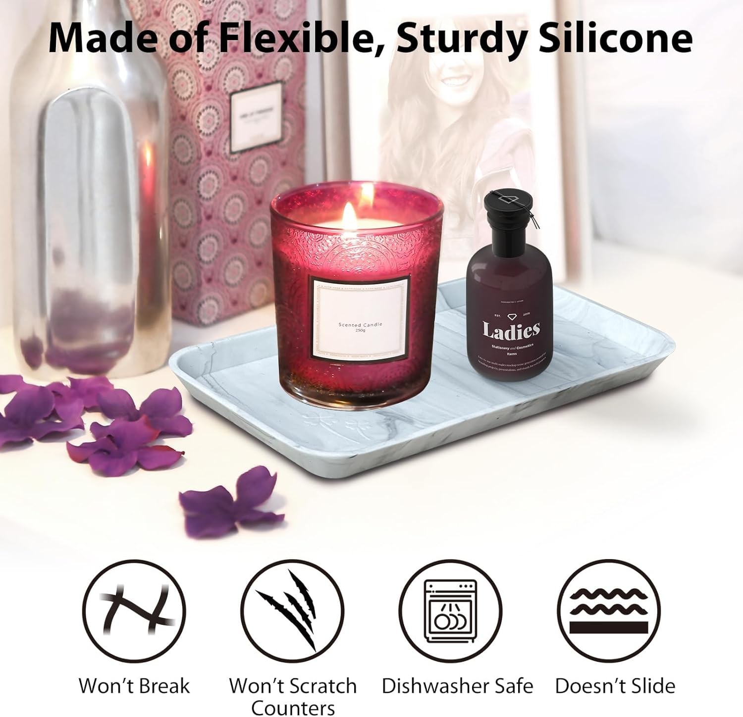 2 Pcs Countertop Vanity Tray, Bathroom Silicone Shatterproof Marble