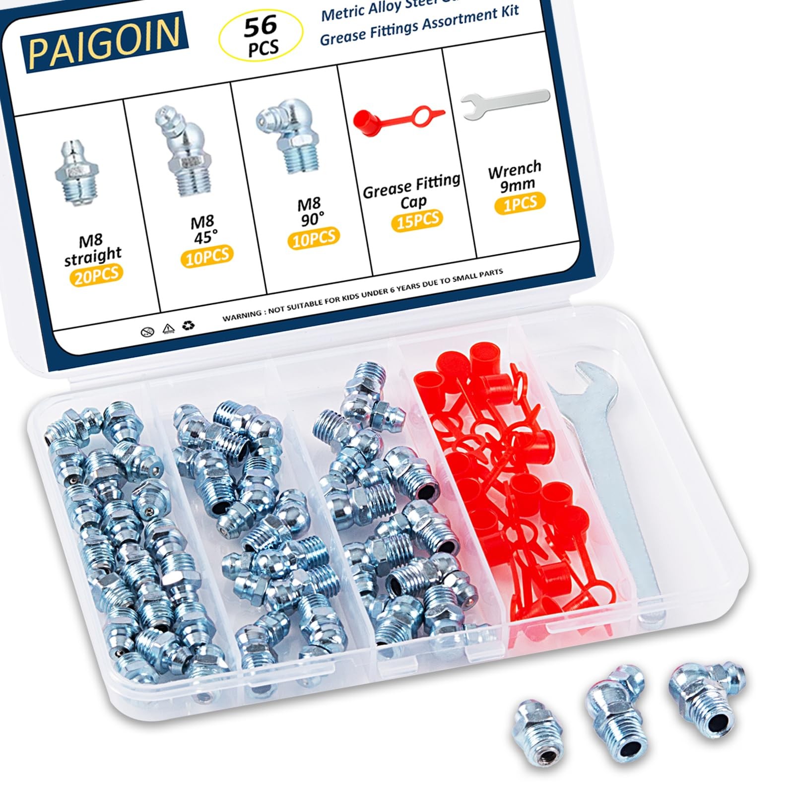 M8 Metric Grease Fittings - 56PCS Zerk Fittings Kit with Caps and Wrench Stra...