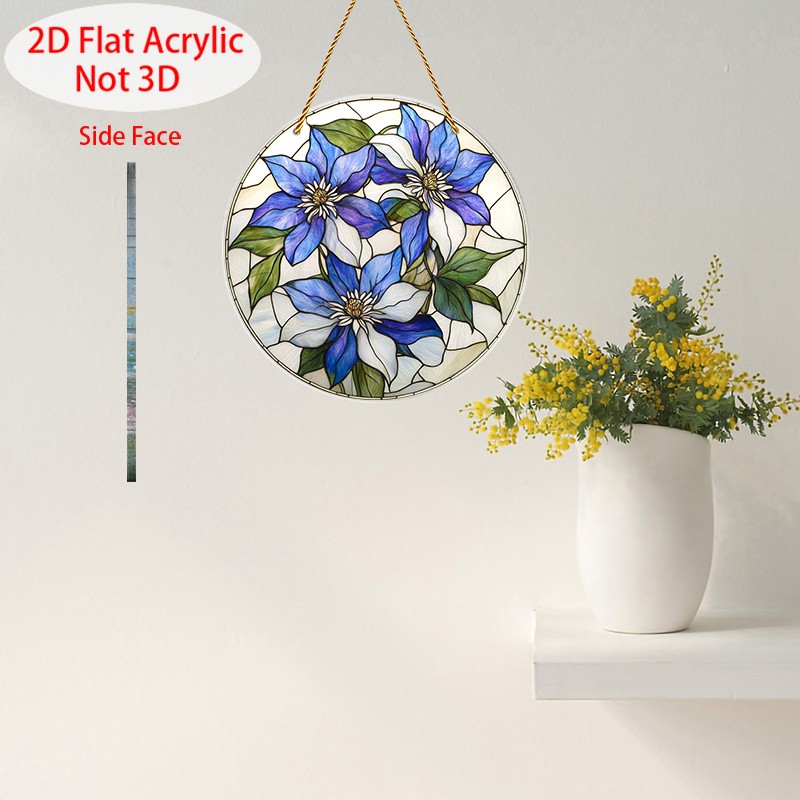 Blue Clematis Flowers Acrylic Suncatcher Whimsical Garden Boho Window Wall Decor