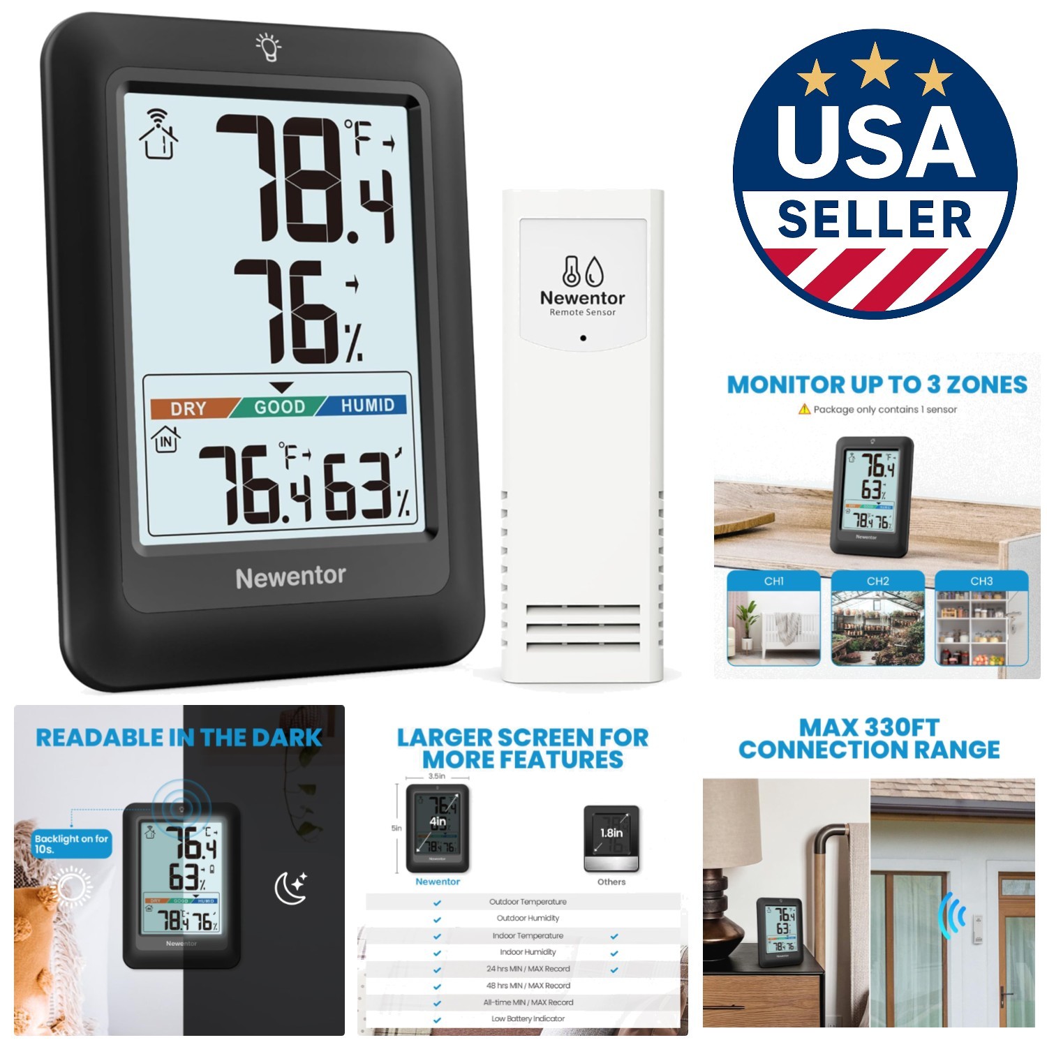 Black Outdoor Indoor Thermometer - Wireless Comfort Indicator, 1 Sensor Included