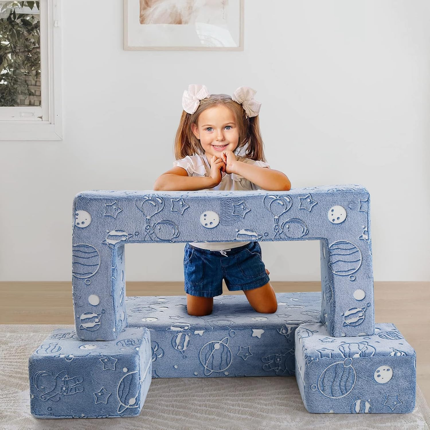 Glow in the Dark Blue Modular Play Couch for Kids - Fun Foam Lounge Sofa