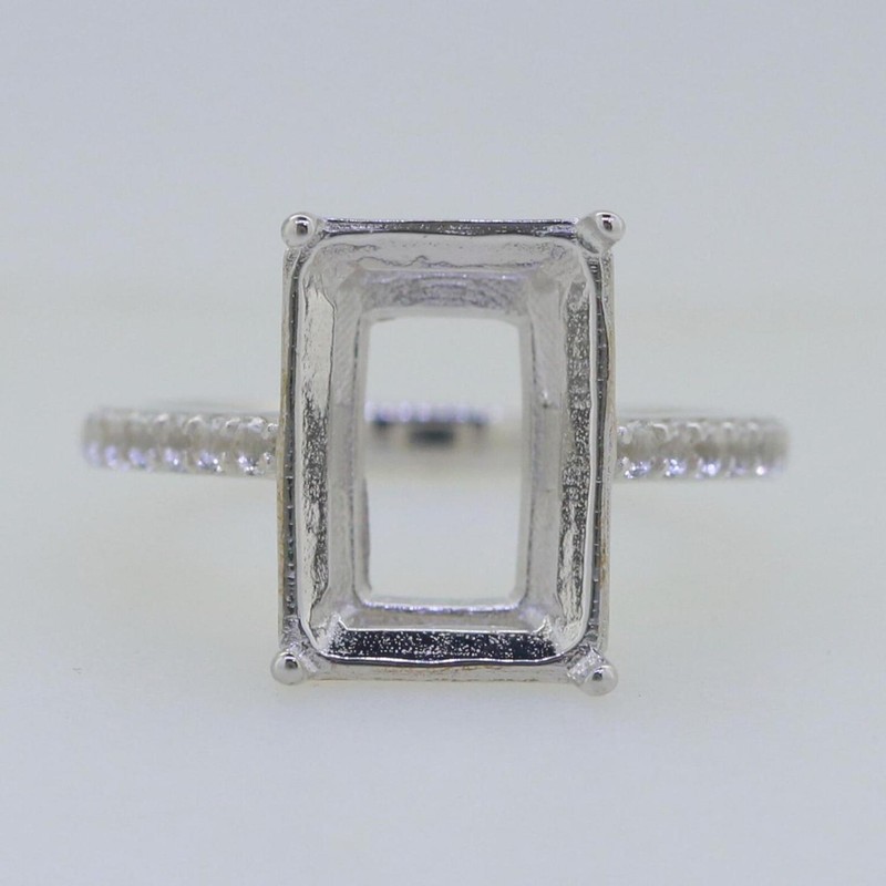 925 Sterling Silver 14x10mm Emerald Cut Semi Mount Ring Pavé Accent Band Ring