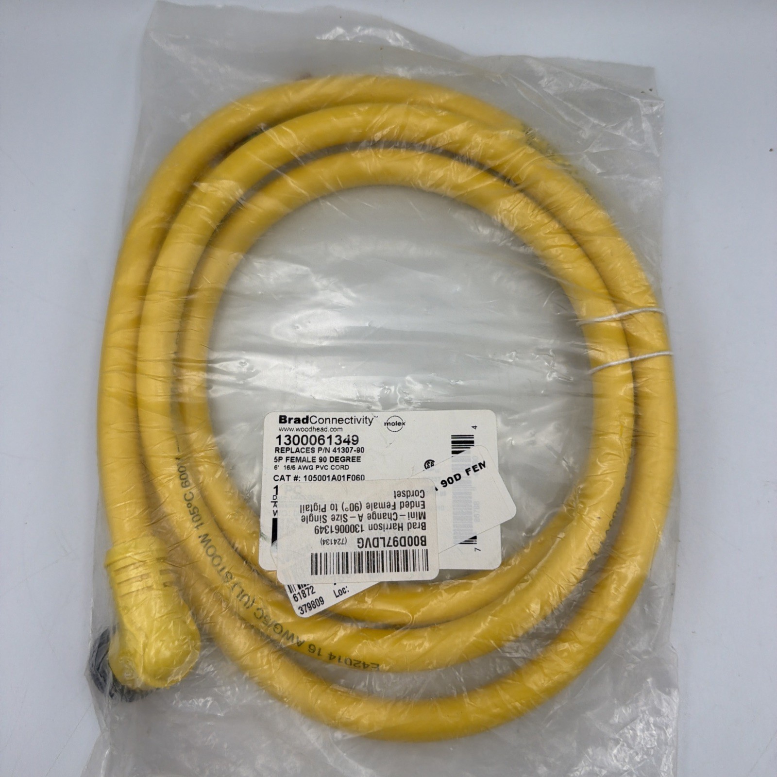 Brad Connectivity 1300061349 5P Female 90° Cord 6ft 16/6 AWG PVC New