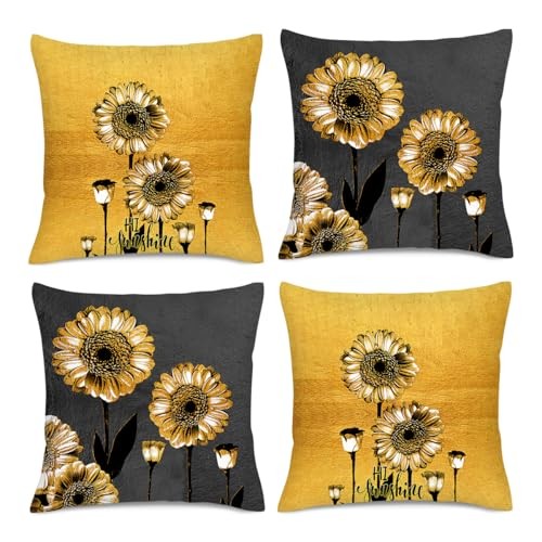 Pillow Covers 18x18,Black and Gold Throw Pillow 18" x 18" (Pack of 4) Sunflower