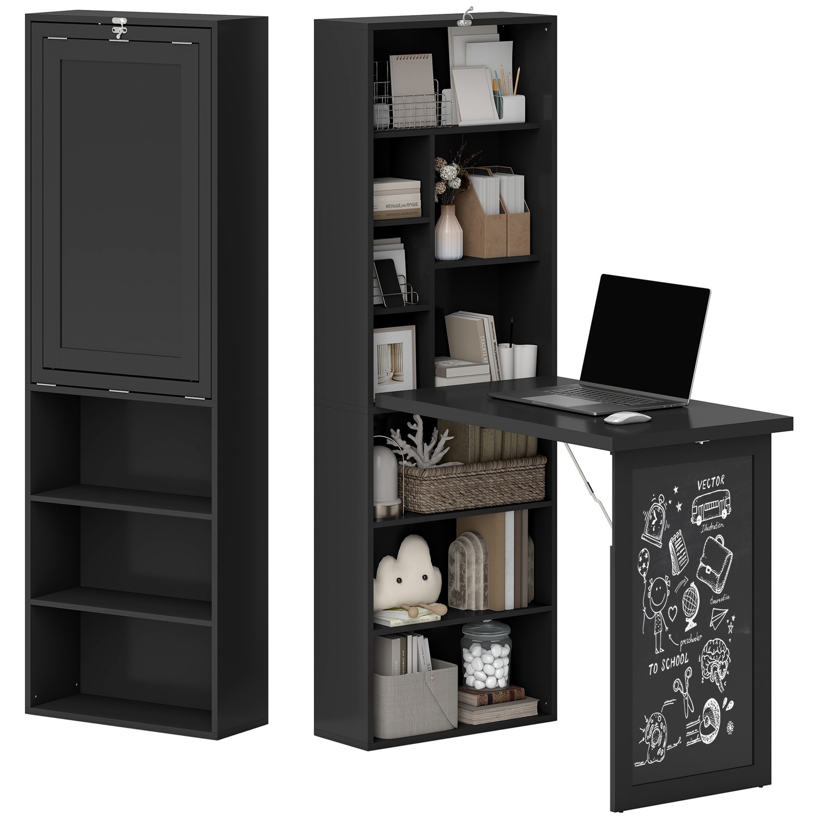 Convertible Desk with Chalkboard & Shelf Multi-Use Computer Workstation, Black