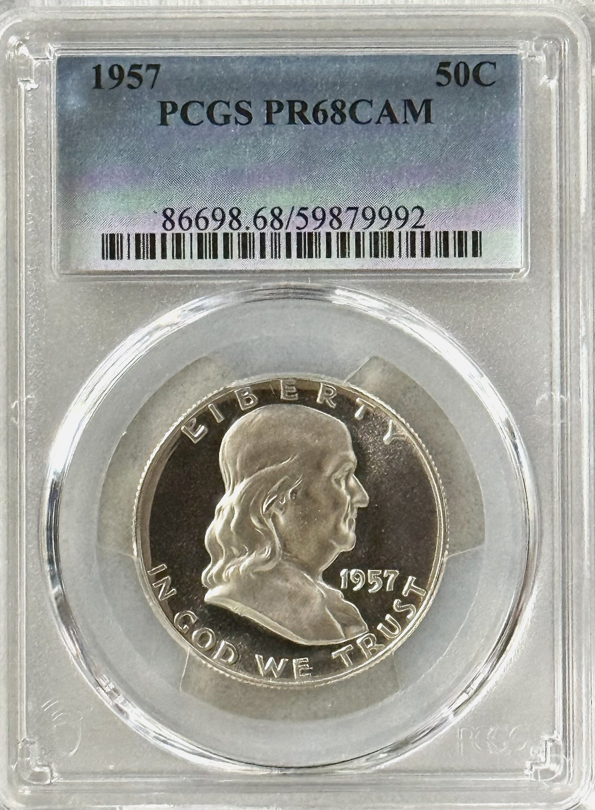 1957 PROOF FRANKLIN HALF PCGS PR68 CAM, LOOKS DCAM, NO SPOTS, HAZE OR TONING