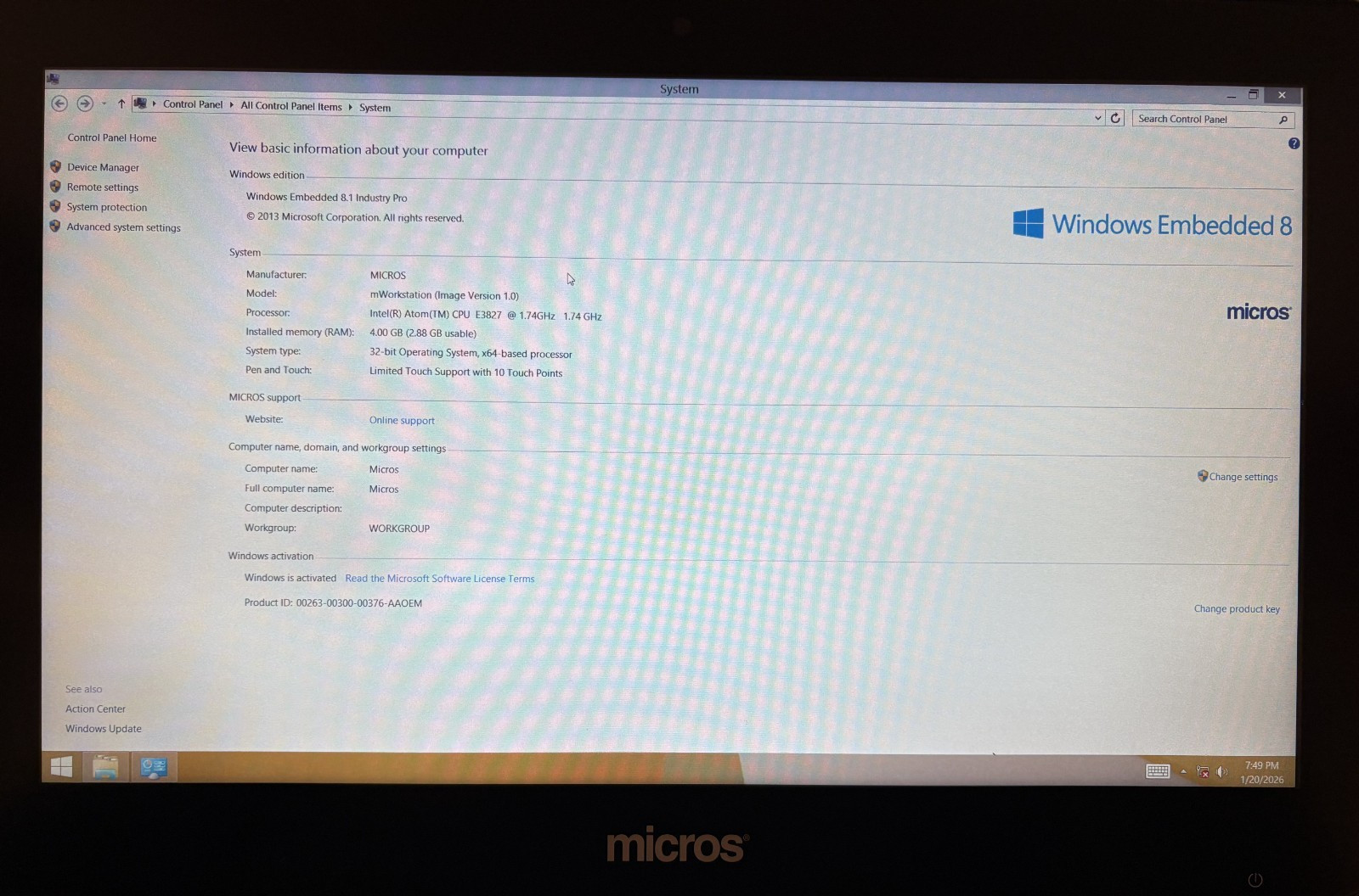 Micros Oracle mWorkstation Intel Atom E3827 15.6" POS Tablet Computer Win 8.1 :A
