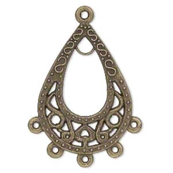 6 Antiqued Brass Focal Teardrop 34x24mm Chandelier Connectors with Loops *