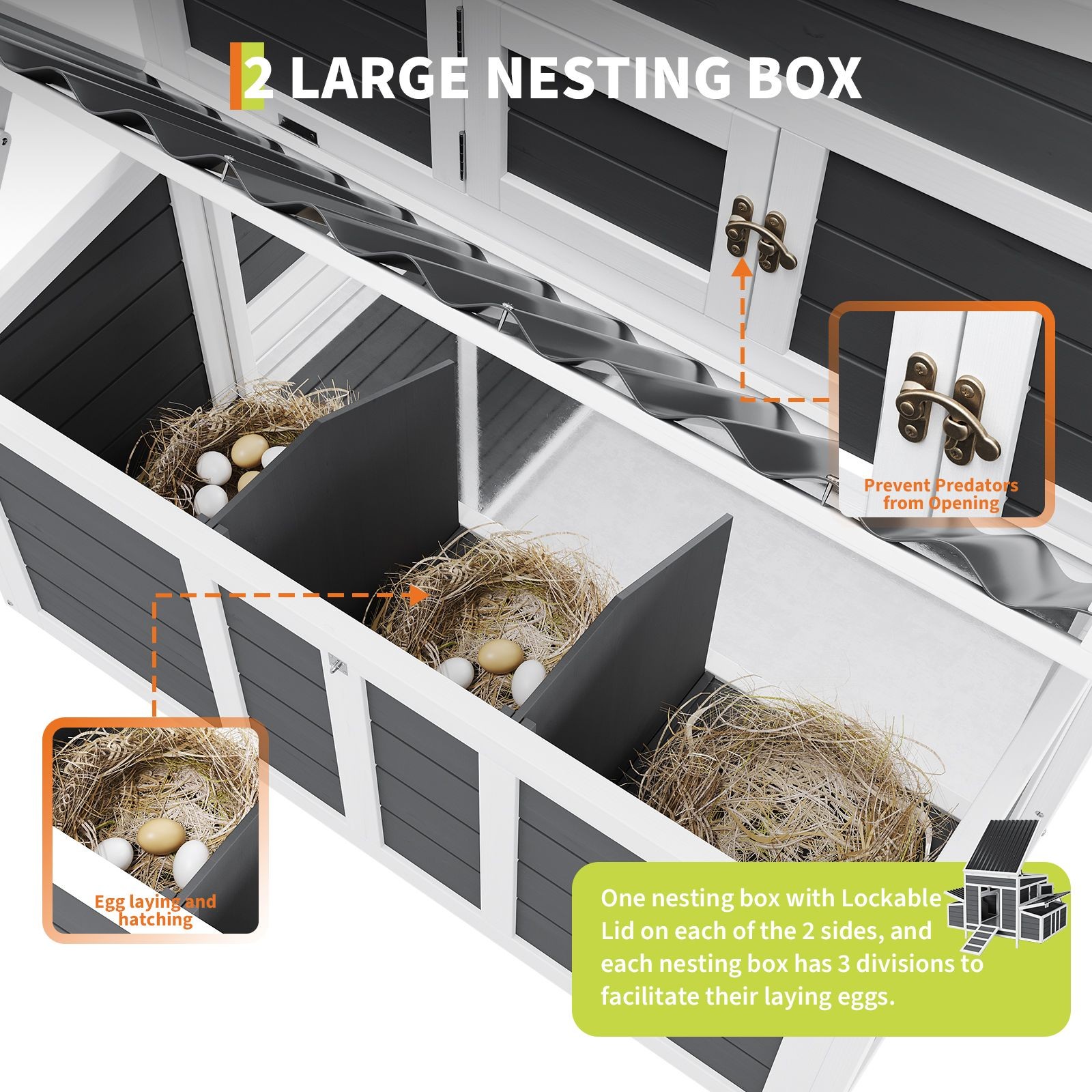 55" Chicken Coop 4-6 Chickens Dual Nesting Boxes Waterproof, Lockable Ventilated