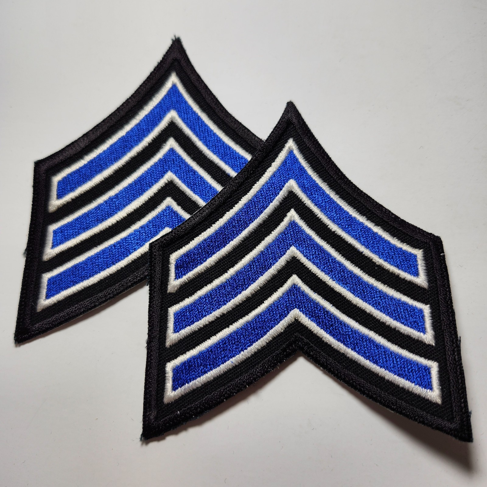 (2) Sergeant Chevron - 3.5" Wide - 3 Royal/White Stripes on BLACK Patch & Border