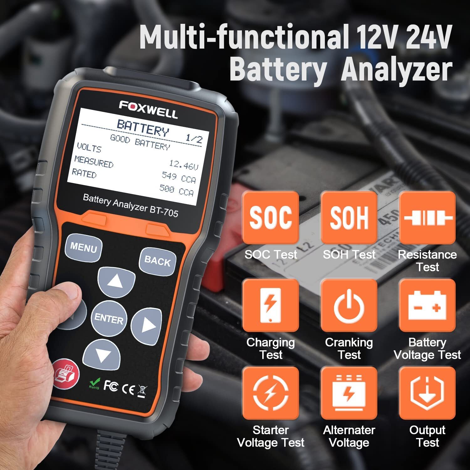 12V ~ 24V Automotive Battery Load Tester Car Charging Cranking Test 100~2000 CCA