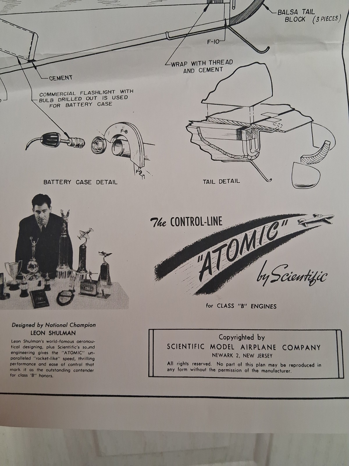 ATOMIC Control Line B Speed Balsa Airplane Plans Only Scientific Model Co