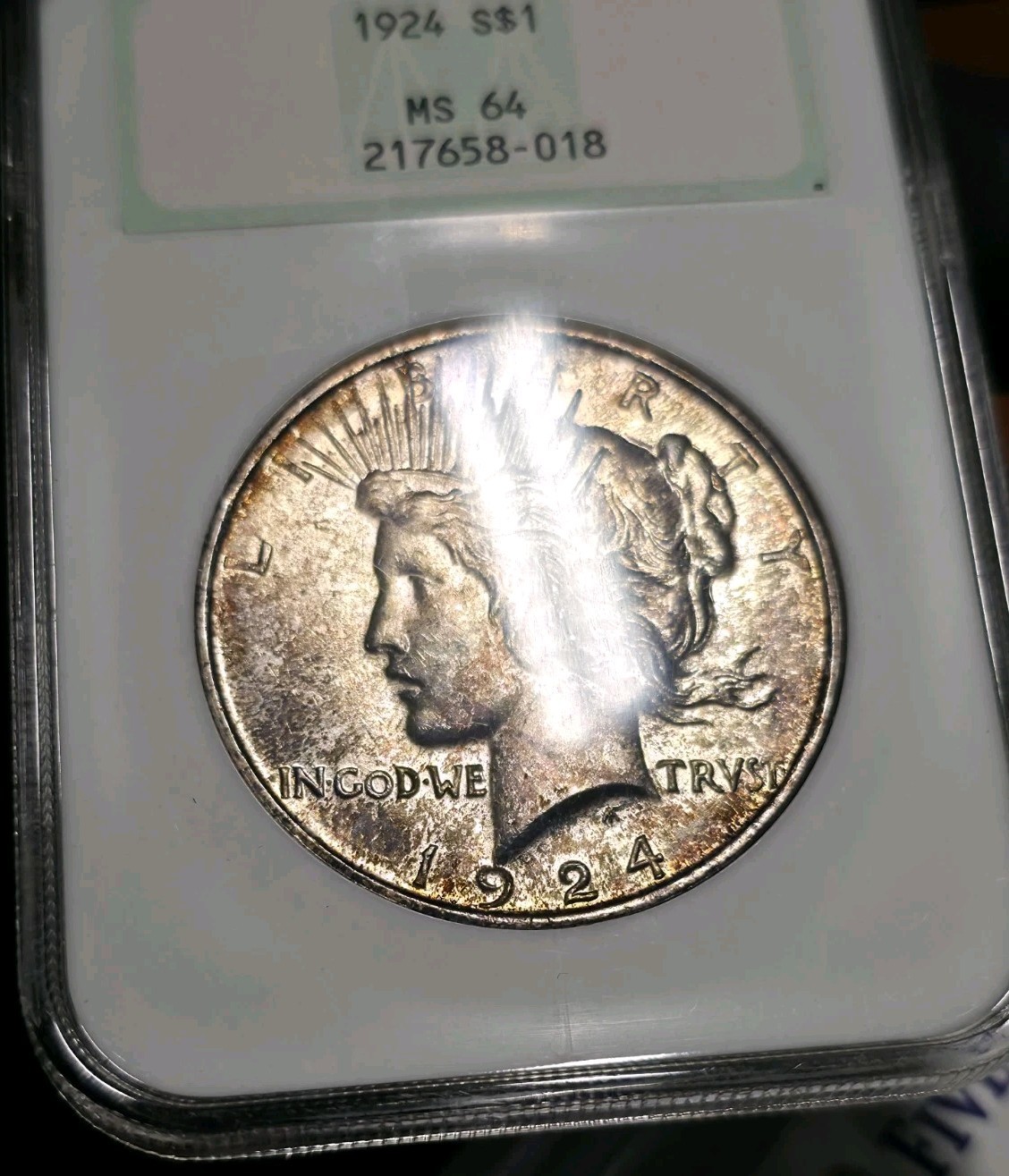 1924 $1 Peace Dollar NGC MS64 Fatty Green Label Old Holder Toned Great Luster