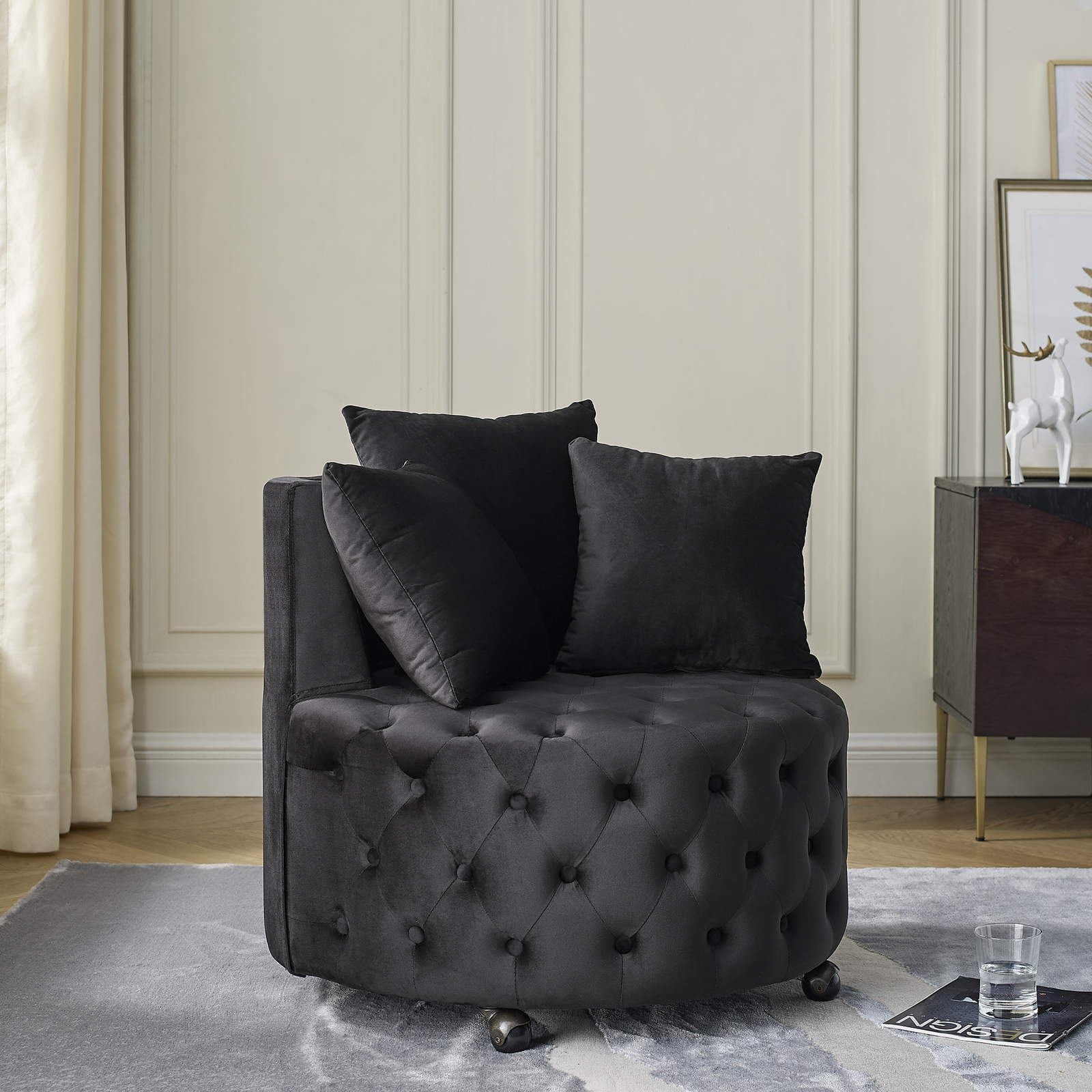 Velvet Upholstered Accent Chair Sofa Lounge Club Round Chair Living Room Black