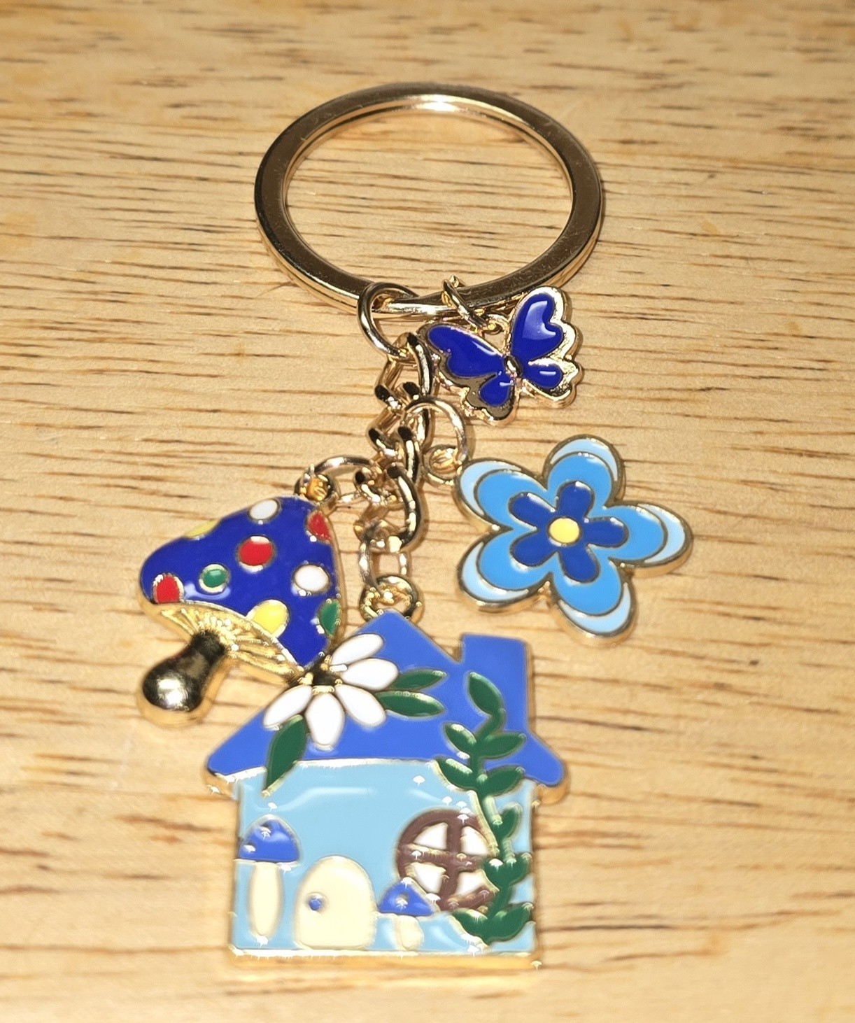 Blue Enamel Mushroom Butterfly Flower House Purse Charm Keychain Goldtone