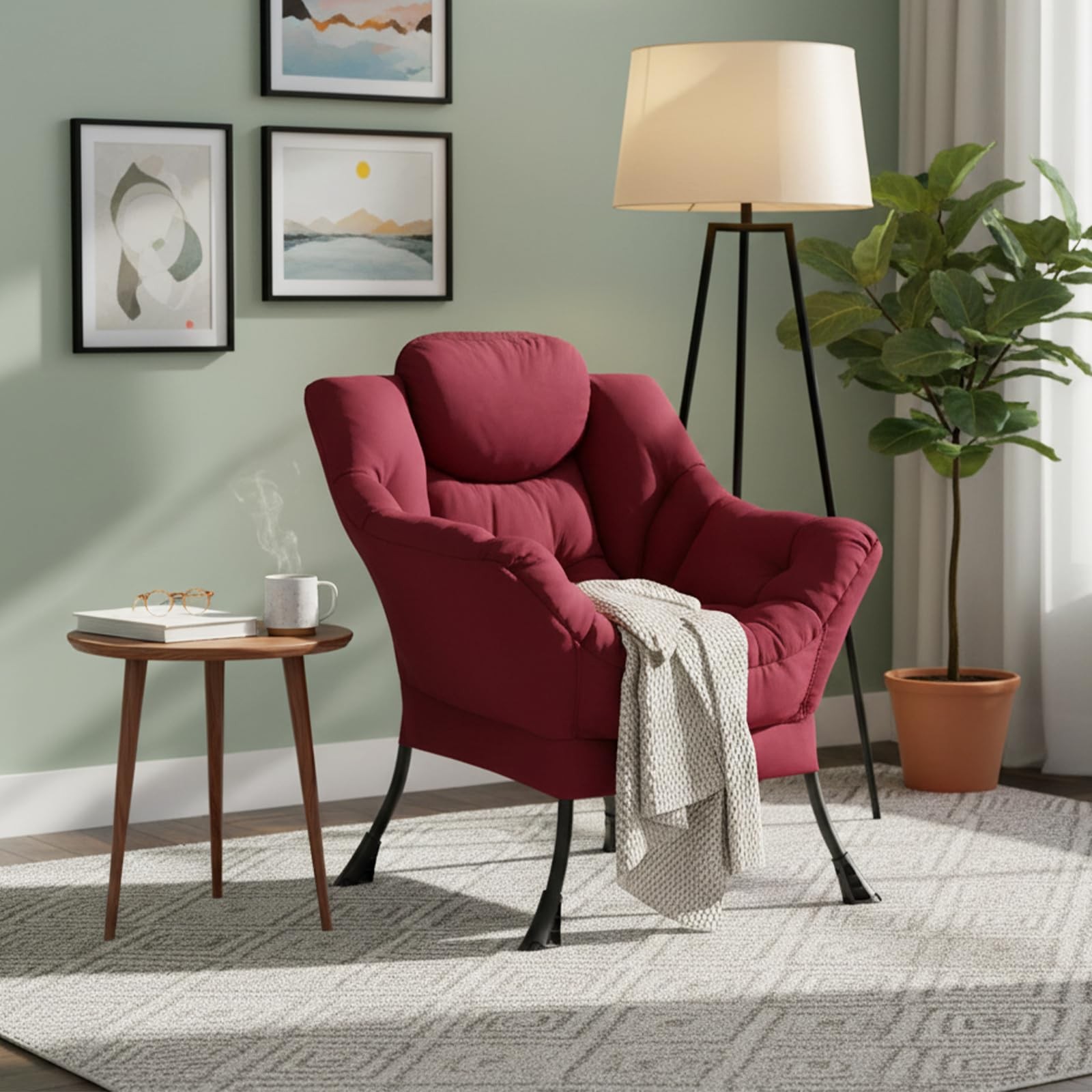 Welnow Modern Lounge Accent Chair, Burgundy Upholstered, Armrest, Side Pocket