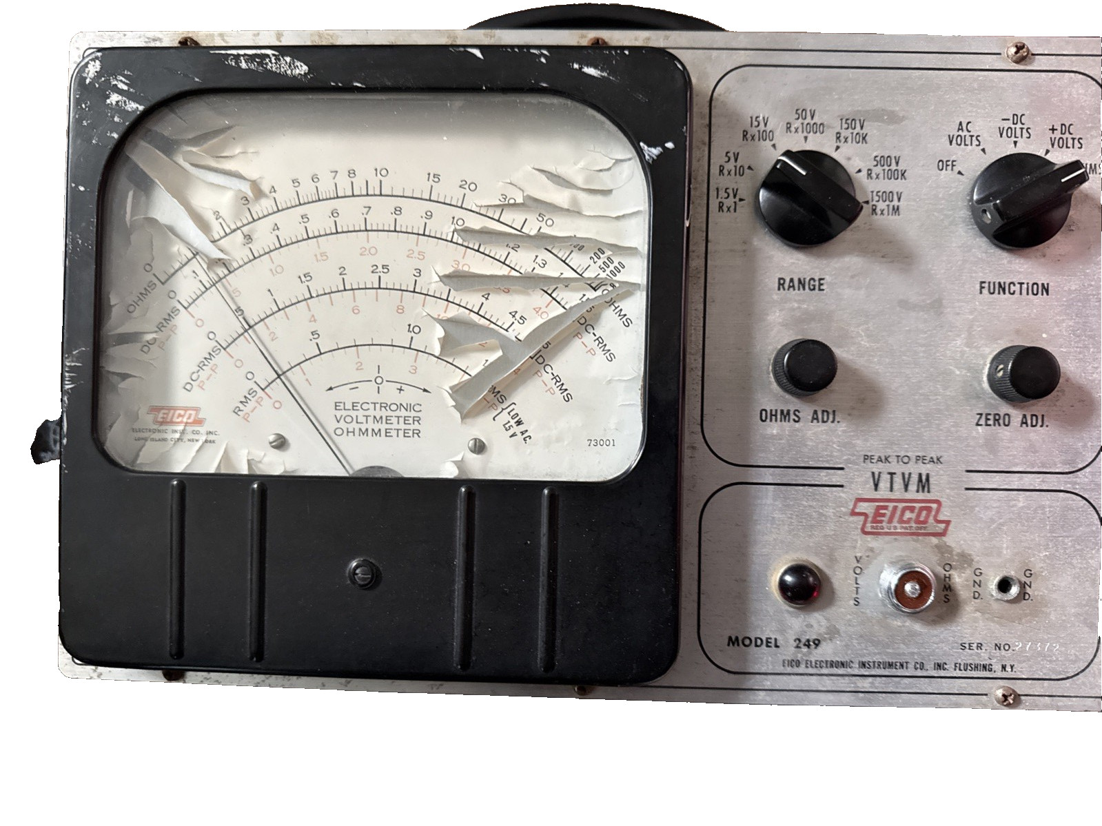 EICO 249 Peak to Peak Vacuum Tube Voltmeter VTVM Bulb Doesn't Light but OHMS wrk