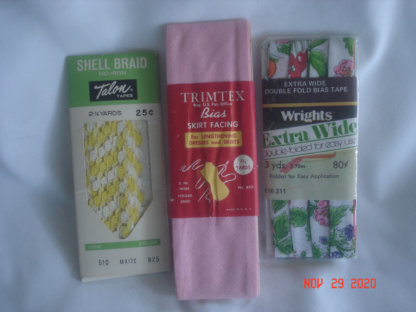 LOT 3 PKGS. Vtg SEWING CRAFT NOTIONS Wrights Fruit BIAS TAPE Talon SHELL BRAID+