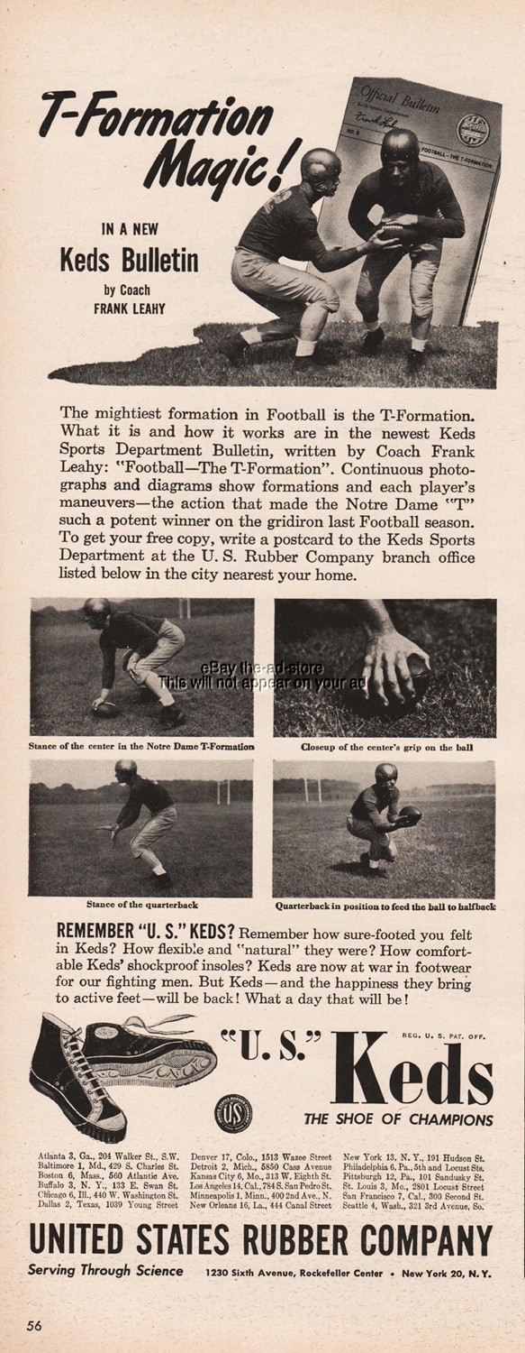 1944 US Keds Shoe of Champions Notre Dame T-Formation football Frank Leahy ad