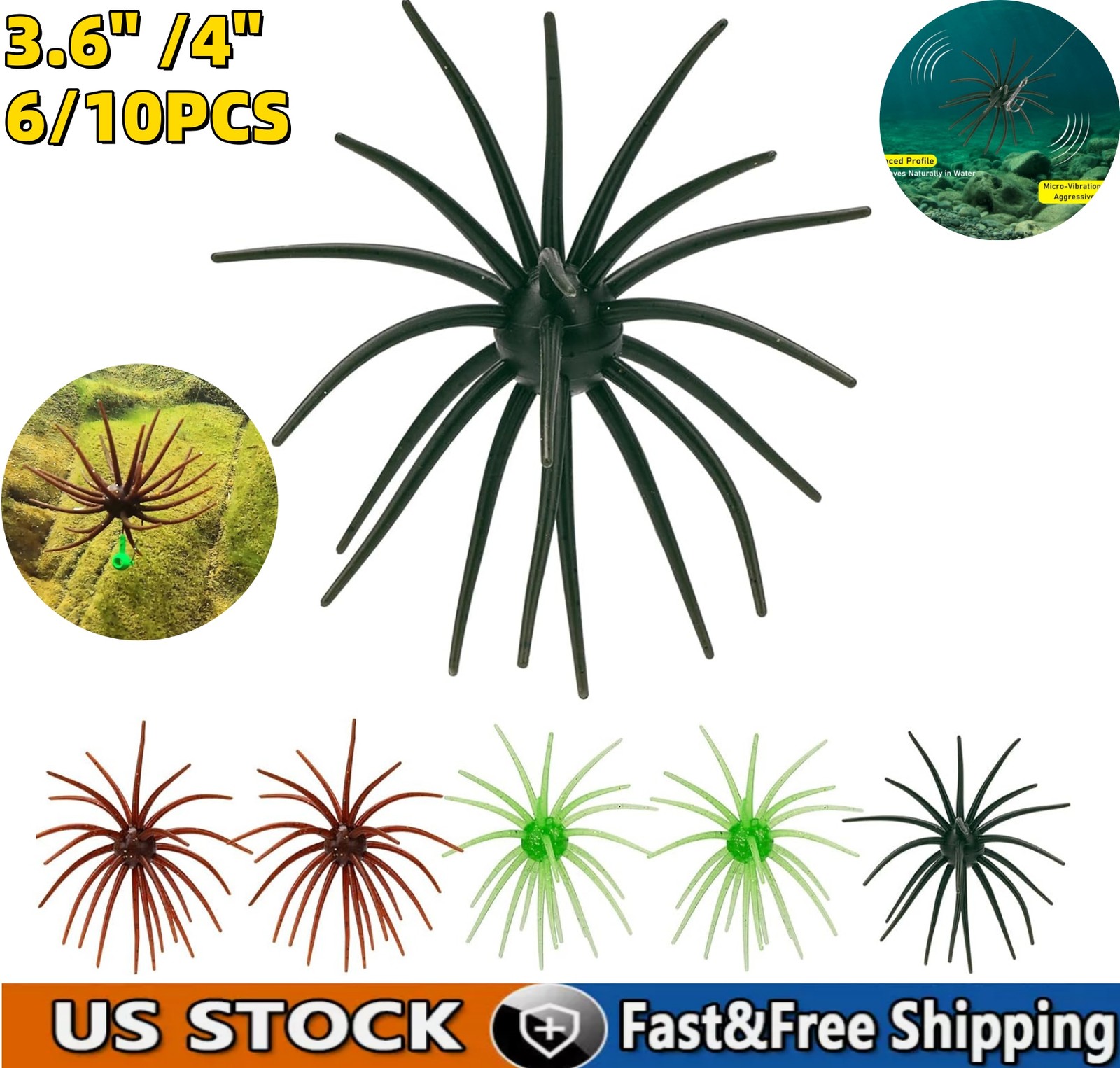 10/6pcs Simulation Sea Urchin Bait Fishing Lures Topwater Lures 3.6" /4" TPE US