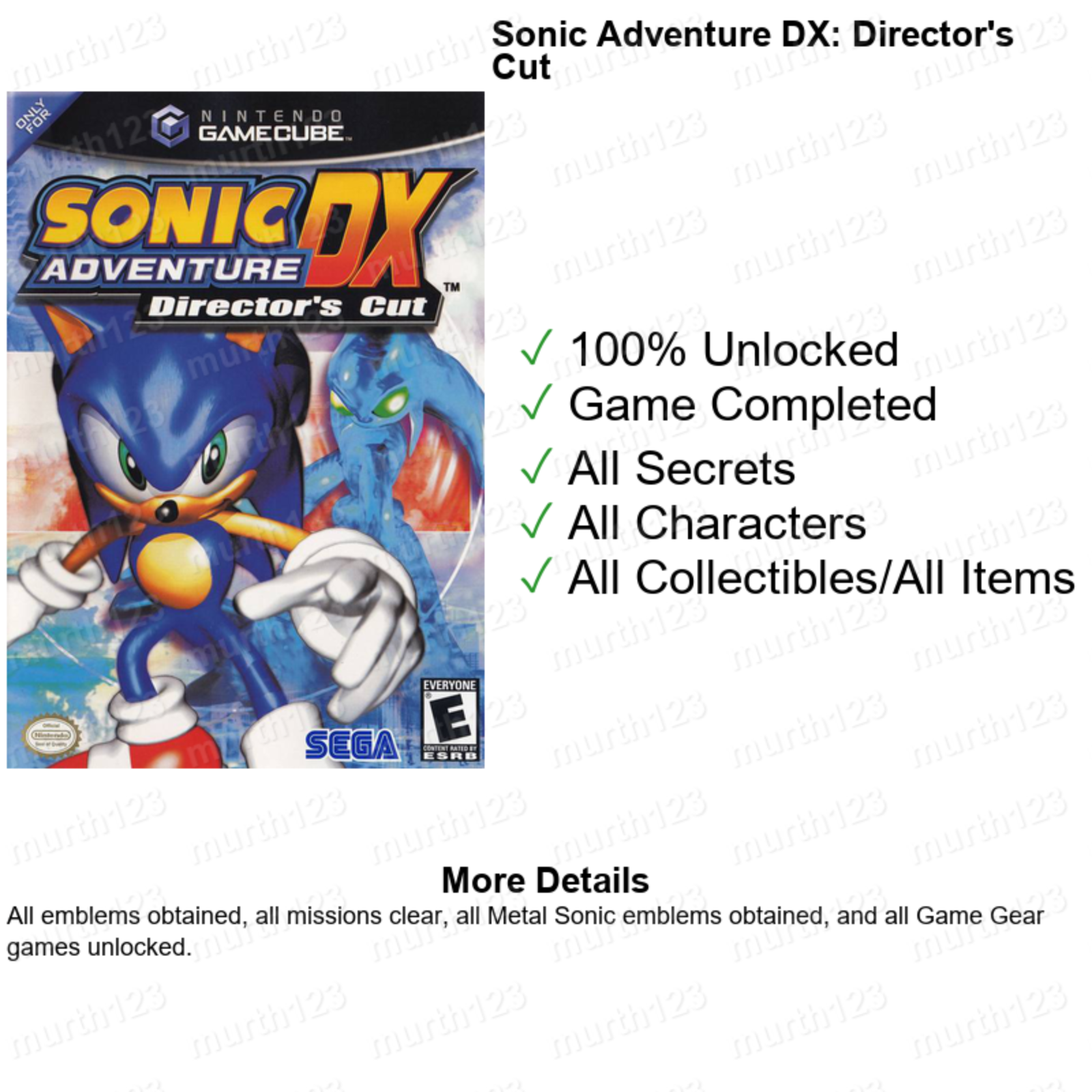 Sonic Mega Collection Riders Heroes Gems Save GameCube Memory Card Unlocked