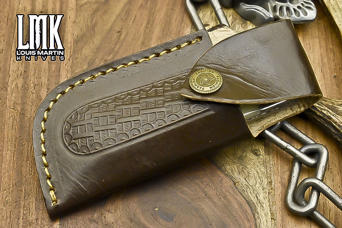 LMK Custom Twist Damascus Pocket Folding Knife Bone Back Lock Hiking Razor Sharp