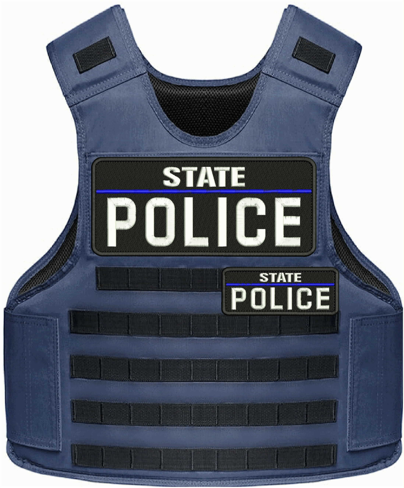 State Police 2 Emb Patches4x10 & 2x5 VELCR@ On Back White On Black