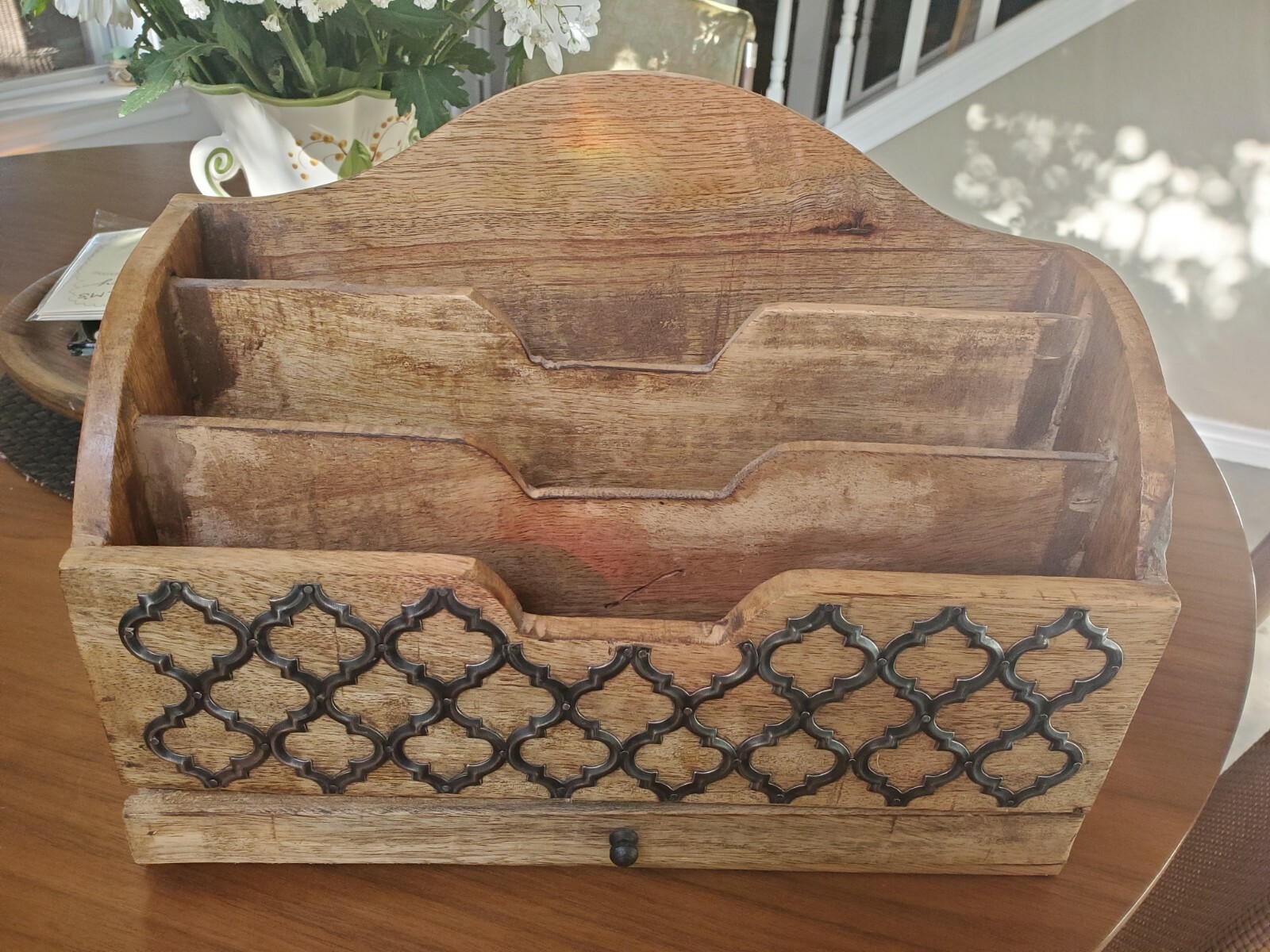 Rustic 12" Solid Wood Desk Top Organizer Slide Drawer Decorative Tin Trim