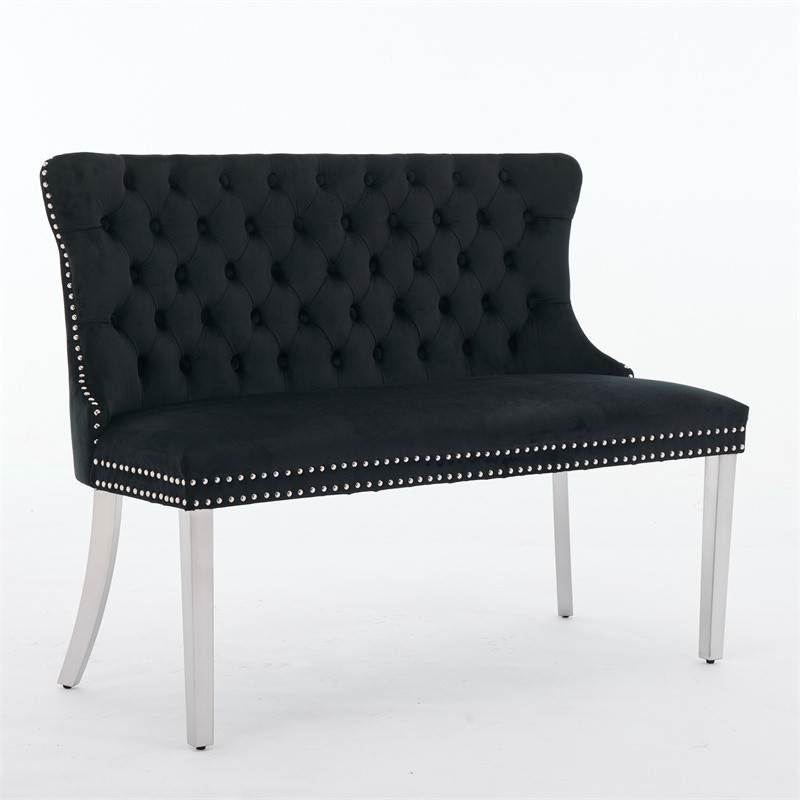 2-Seat Tufted Bench Velvet Upholstered Dining Seating w/Wing Back & Silver Legs
