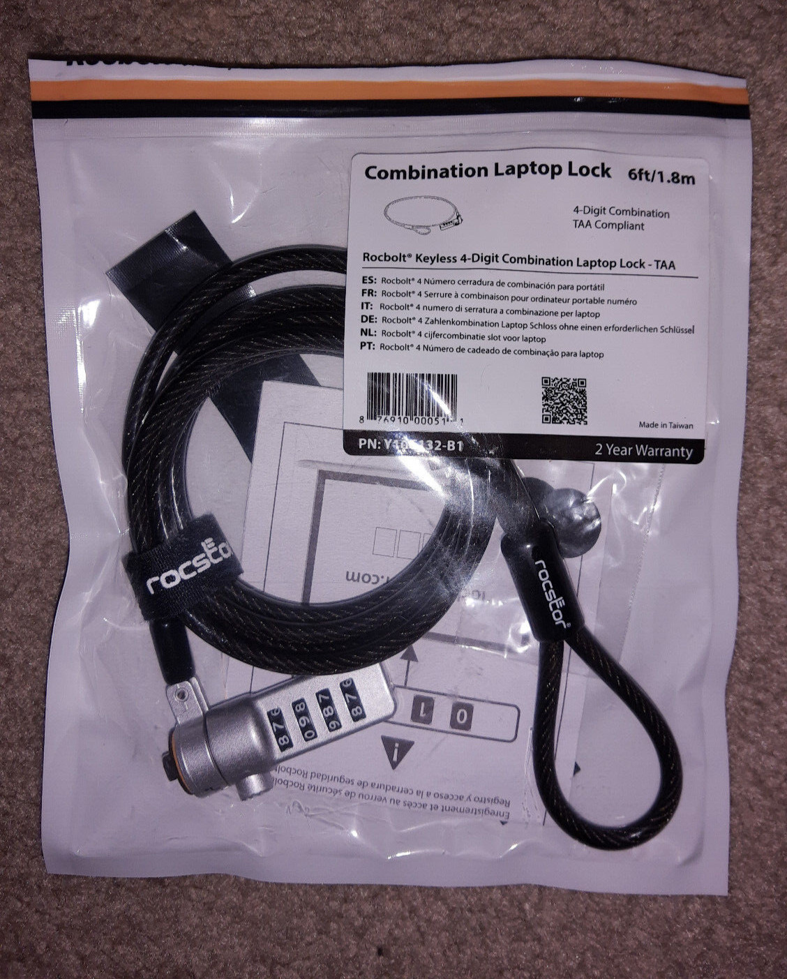 Rocstor Rocbolt Keyless 4 Digit Combination Laptop Lock TAA 6ft