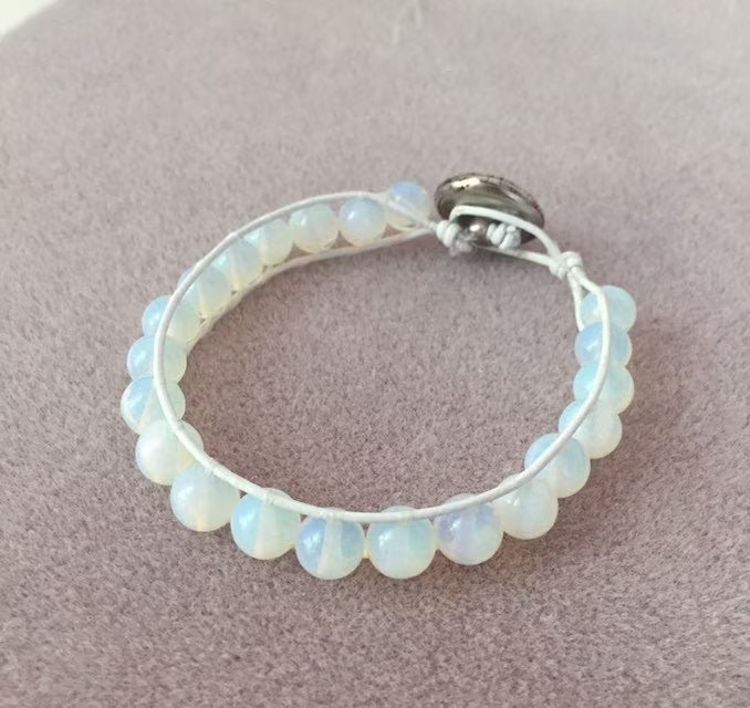HANDMADE Moonstone Bracelet 8” Single Leather Wrap Bracelet Opalite